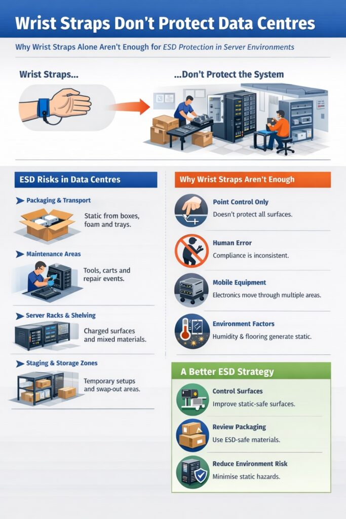 Wrist straps ESD data centres infographic showing packaging, racks and maintenance areas where static risk occurs