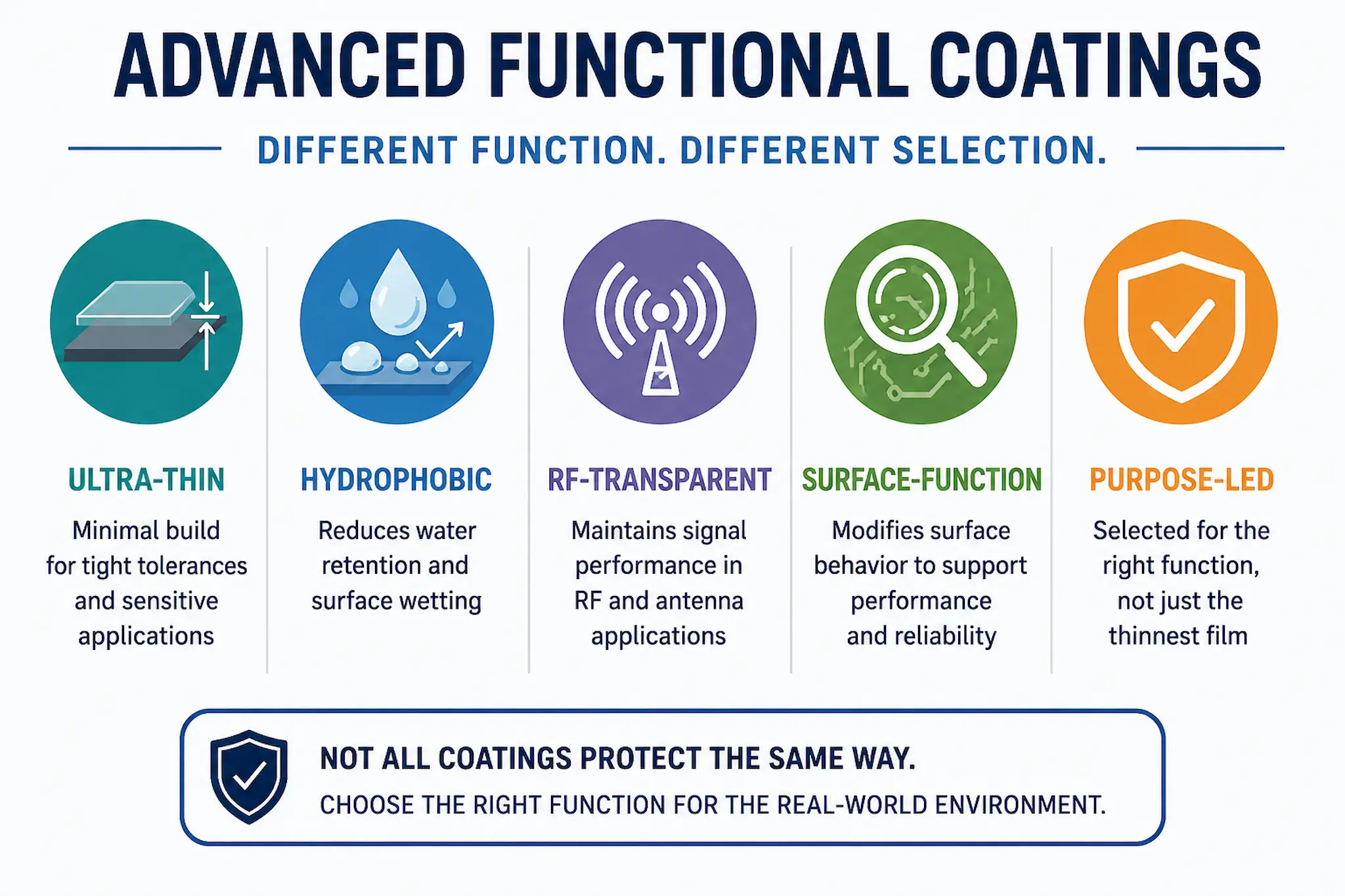 Advanced functional coatings comparison including ultra-thin, hydrophobic, RF-transparent and surface-function coatings for electronics