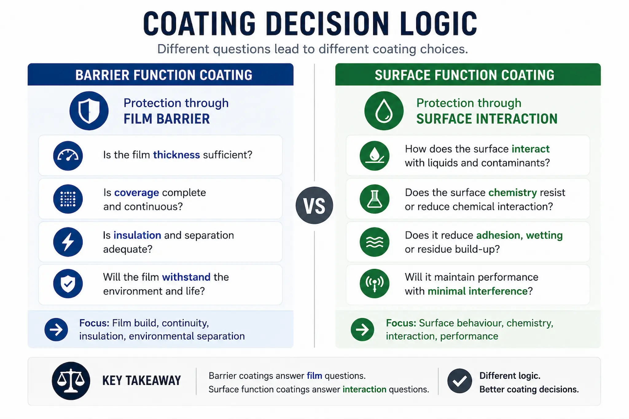Infographic comparing coating decision logic for barrier function coatings and surface function coatings