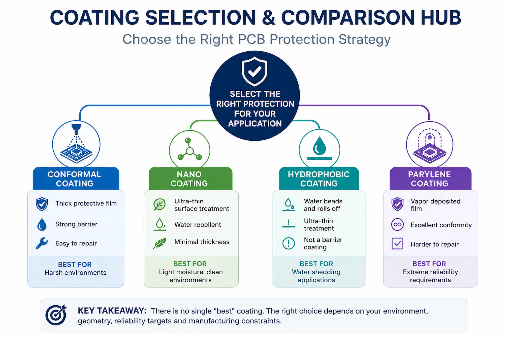 Coating selection comparison infographic for PCB protection showing conformal coating, nano coating, hydrophobic coating and Parylene coating strategies