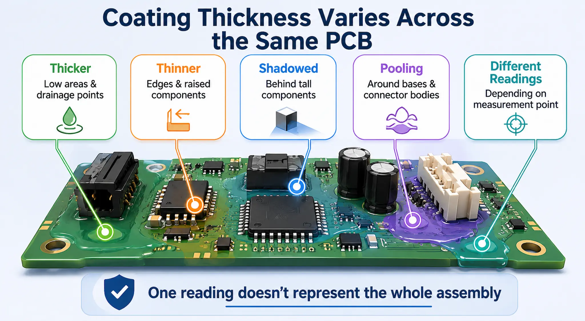 Infographic showing how conformal coating thickness varies across a PCB assembly due to geometry, pooling, shadowing and measurement location.