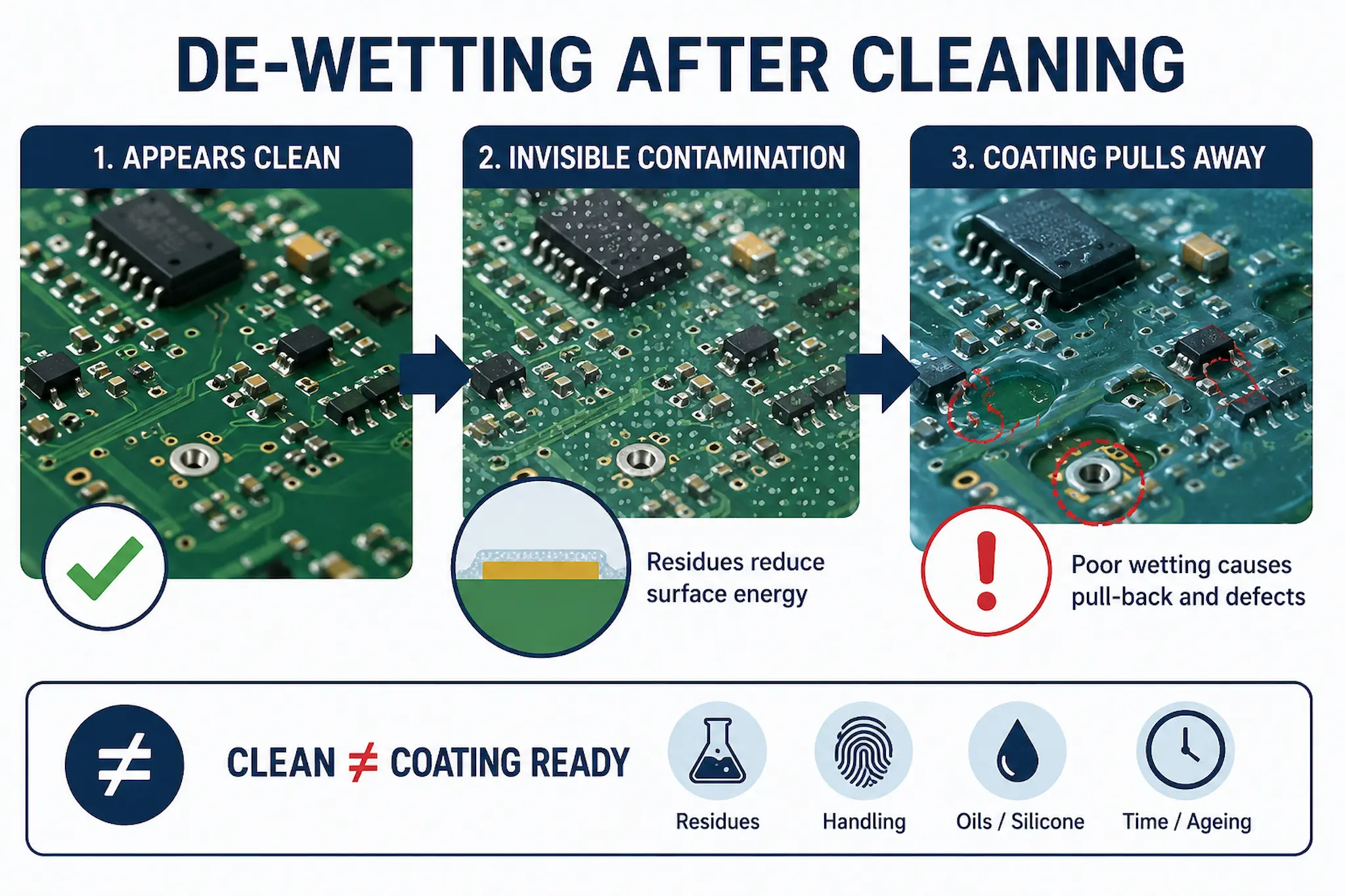 Conformal coating de-wetting caused by contamination and poor surface condition after cleaning