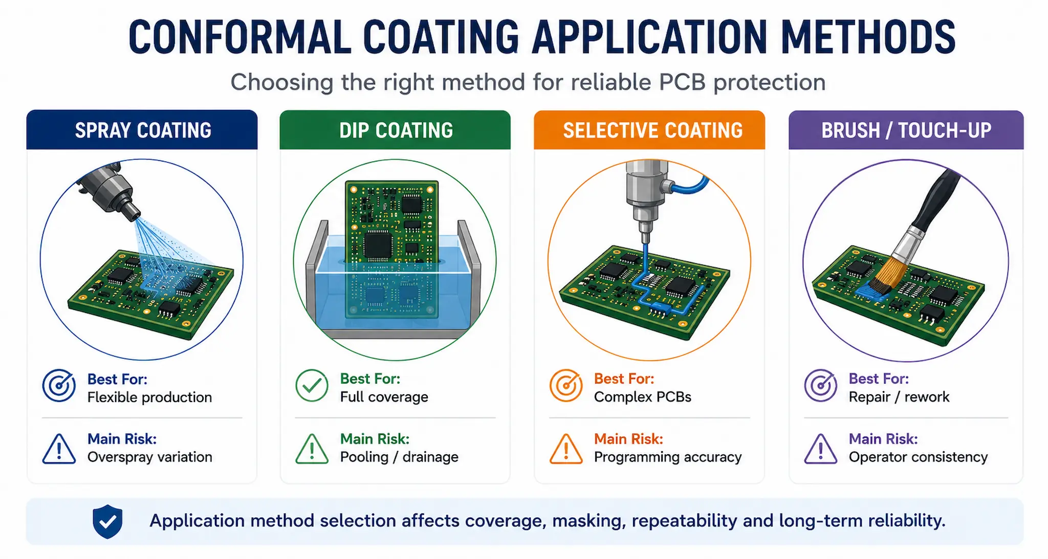 Comparison of spray, dip, selective and brush conformal coating application methods for PCB protection