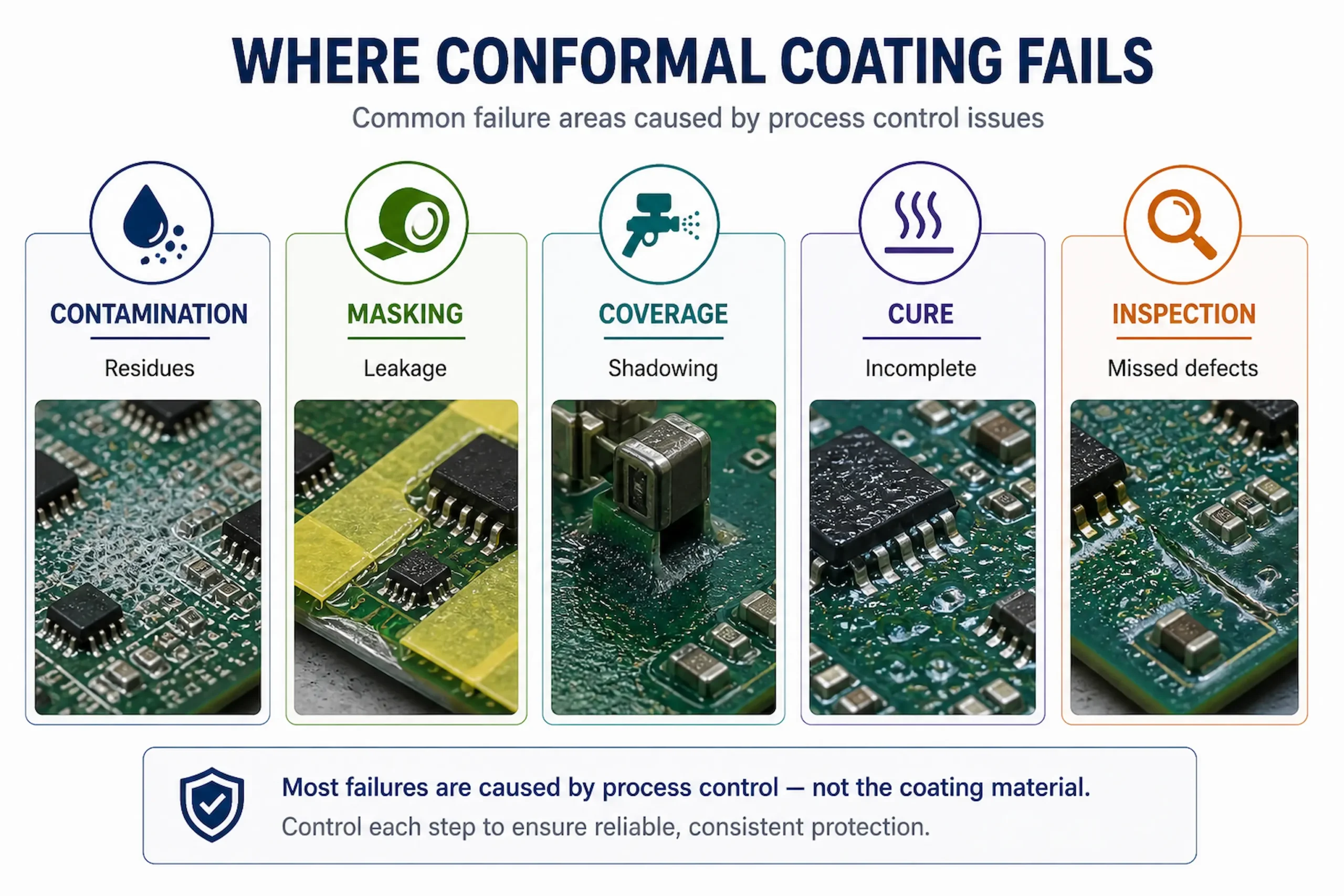 Conformal coating failure diagram showing contamination, masking issues, coverage defects, curing problems and inspection gaps