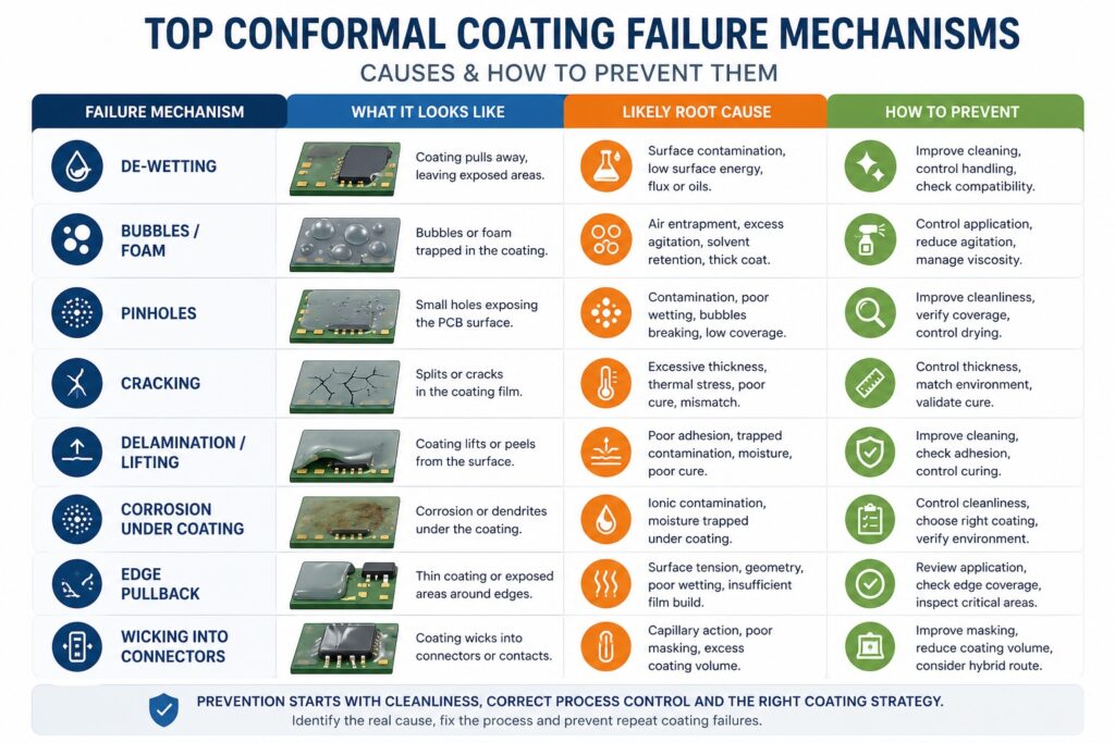 Infographic showing conformal coating failure mechanisms including de-wetting, bubbles, pinholes, cracking and corrosion with prevention methods
