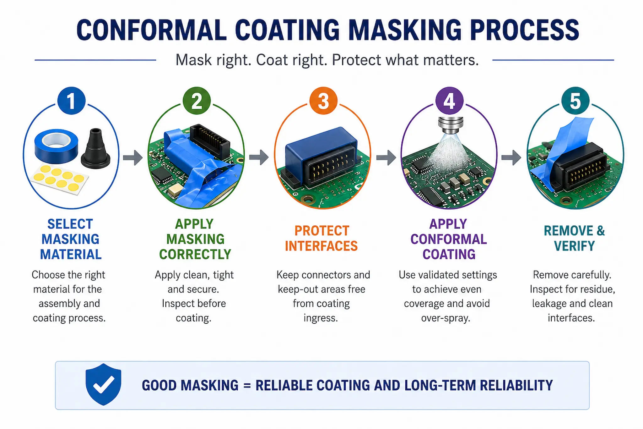 Conformal coating masking process infographic showing masking material selection, application, coating, demasking and inspection workflow for PCB protection