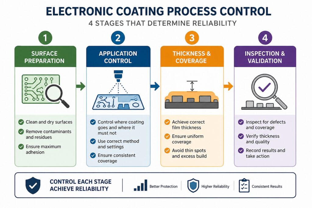 Conformal coating process control stages for PCB reliability showing preparation, application, thickness and inspection