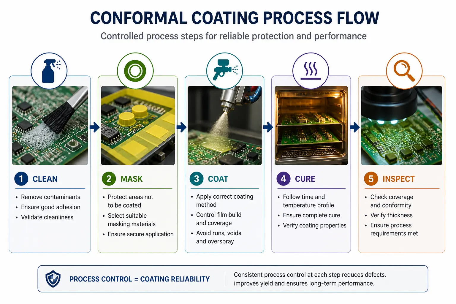 Conformal coating process flow diagram showing cleaning, masking, coating, curing and inspection steps