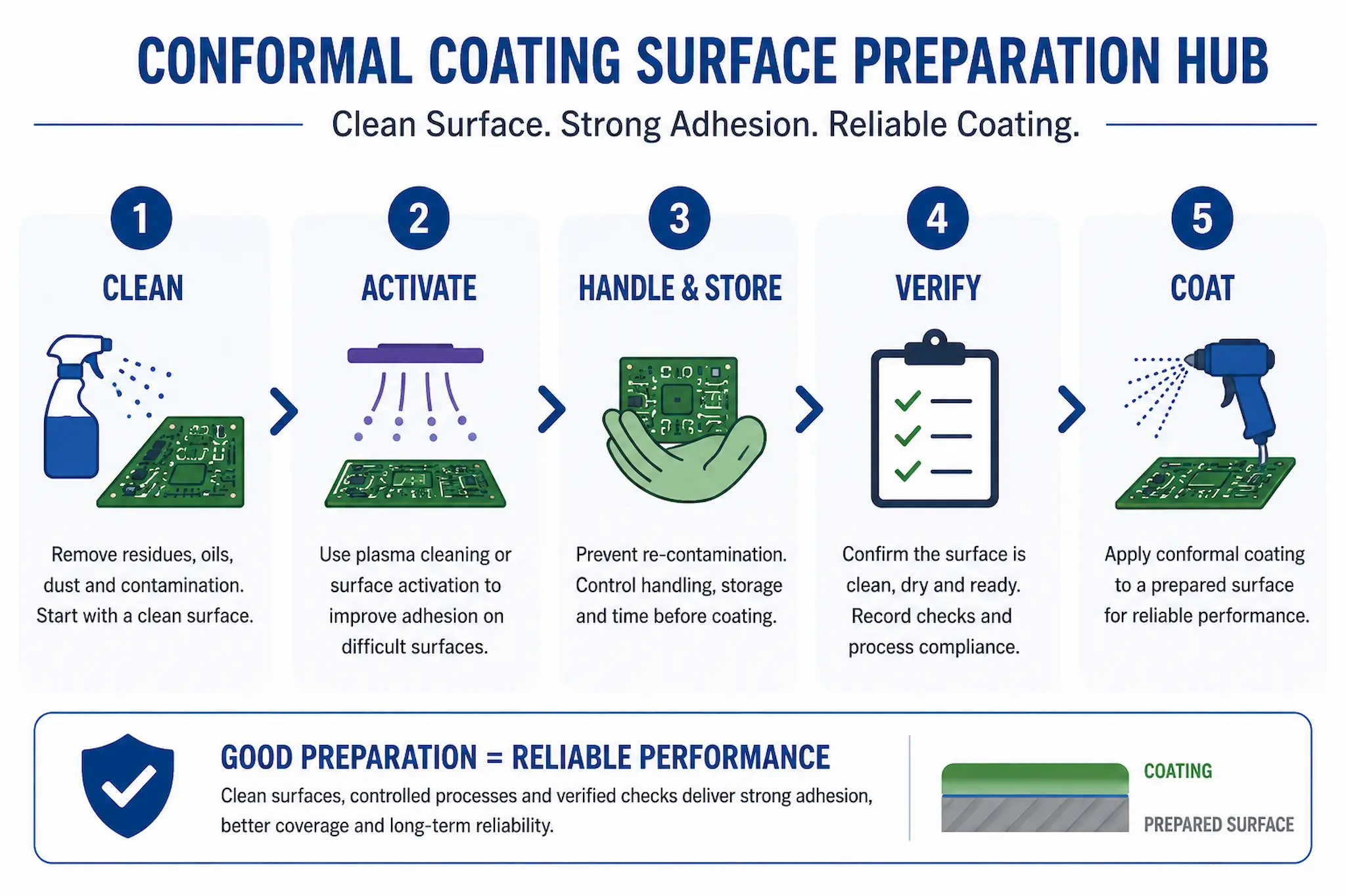 Conformal coating surface preparation process infographic showing cleaning, activation, handling, verification and coating stages