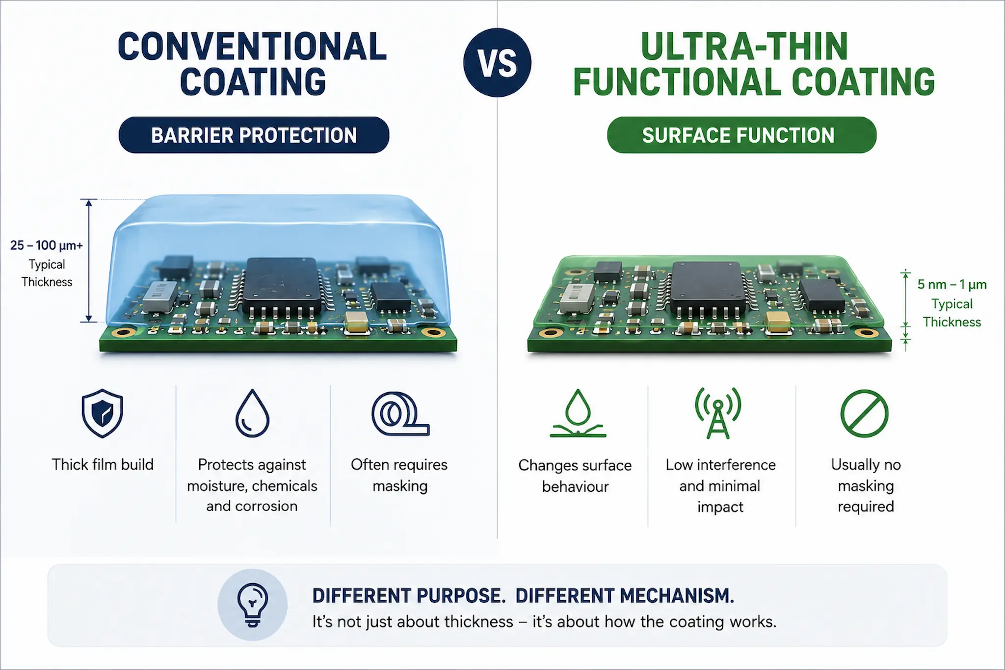 Comparison between conventional conformal coating and ultra-thin functional coating for electronics protection
