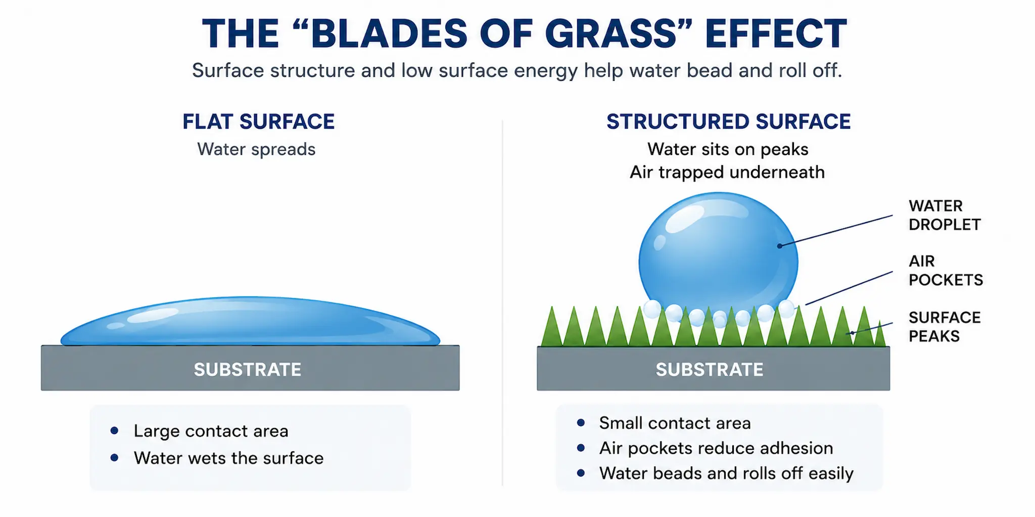 Diagram showing how structured hydrophobic coating surfaces trap air beneath water droplets to reduce contact area and improve water repellency.