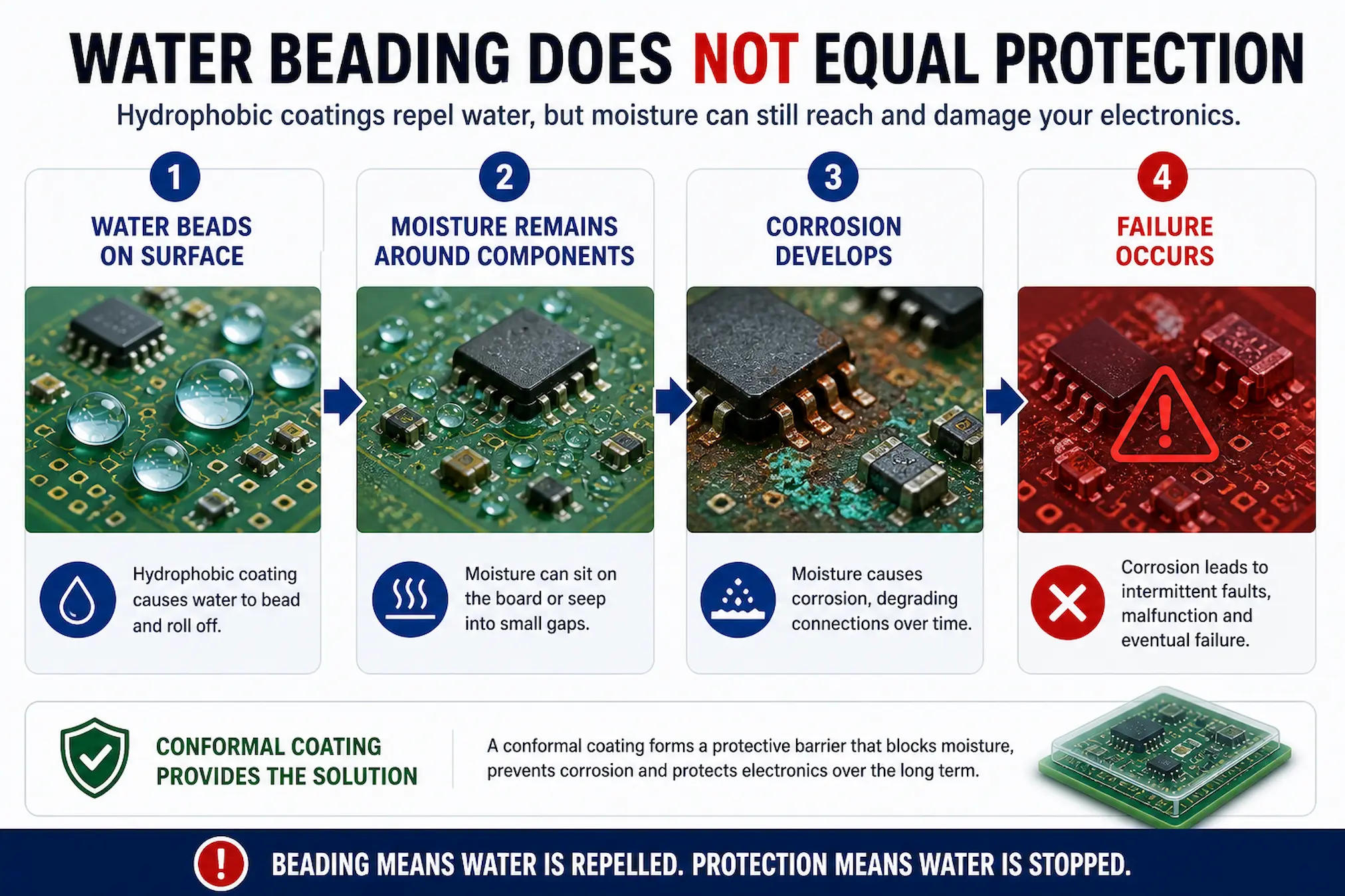 Hydrophobic coating failure moisture ingress corrosion electronics water beading does not protect