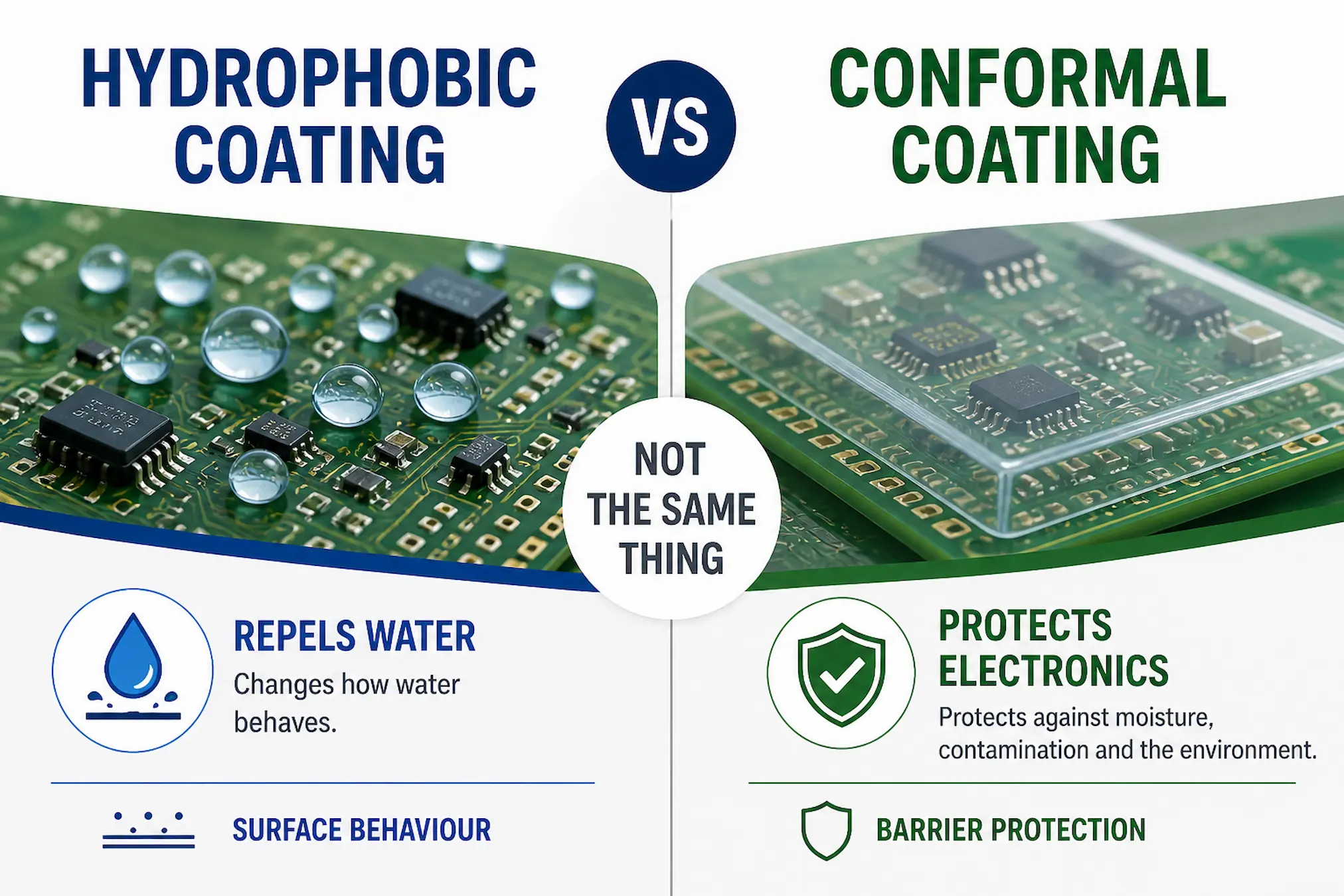 Hydrophobic vs conformal coating electronics showing water beading vs protective barrier