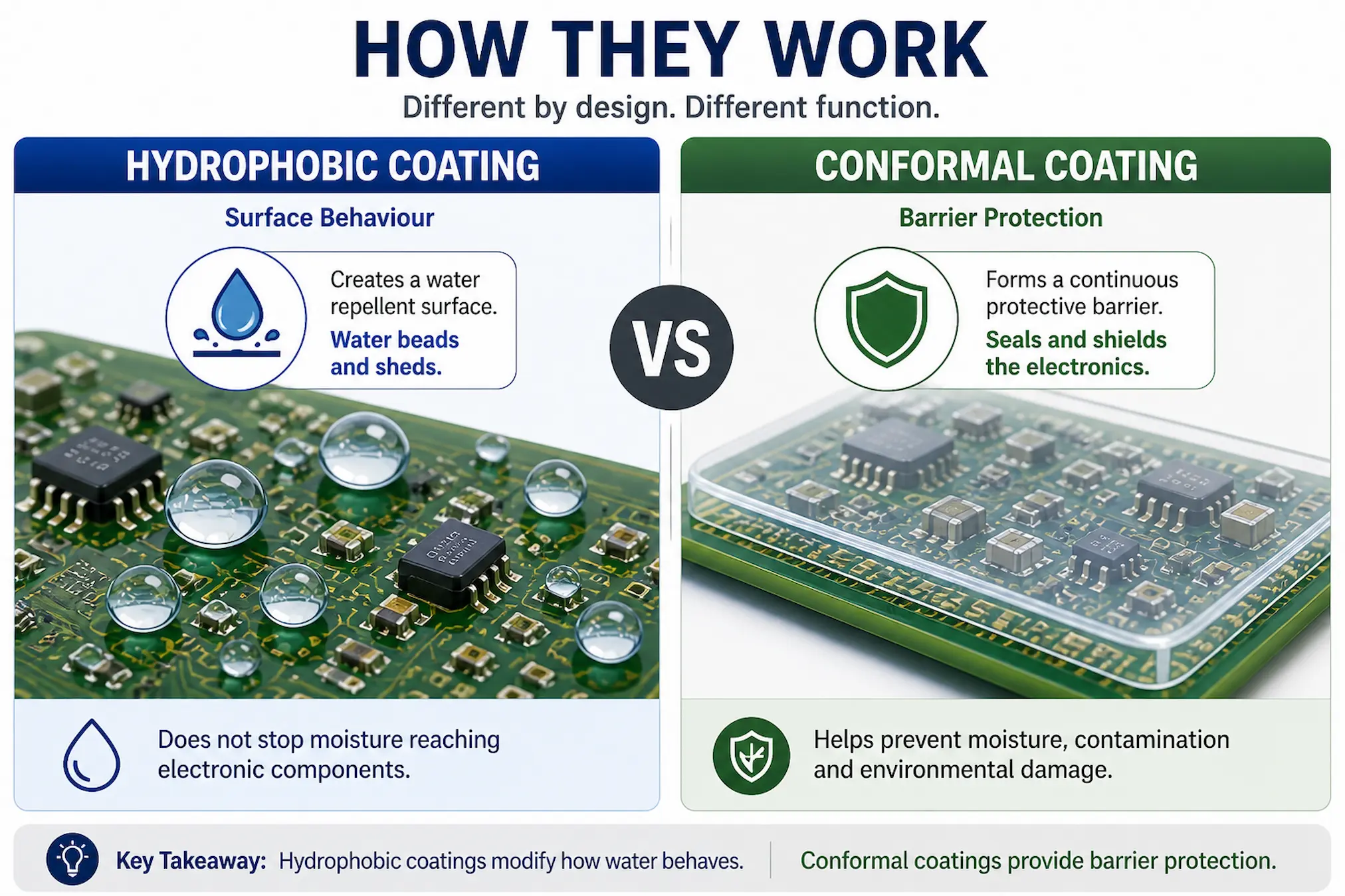 Hydrophobic vs conformal coating how they work surface behaviour vs barrier protection electronics