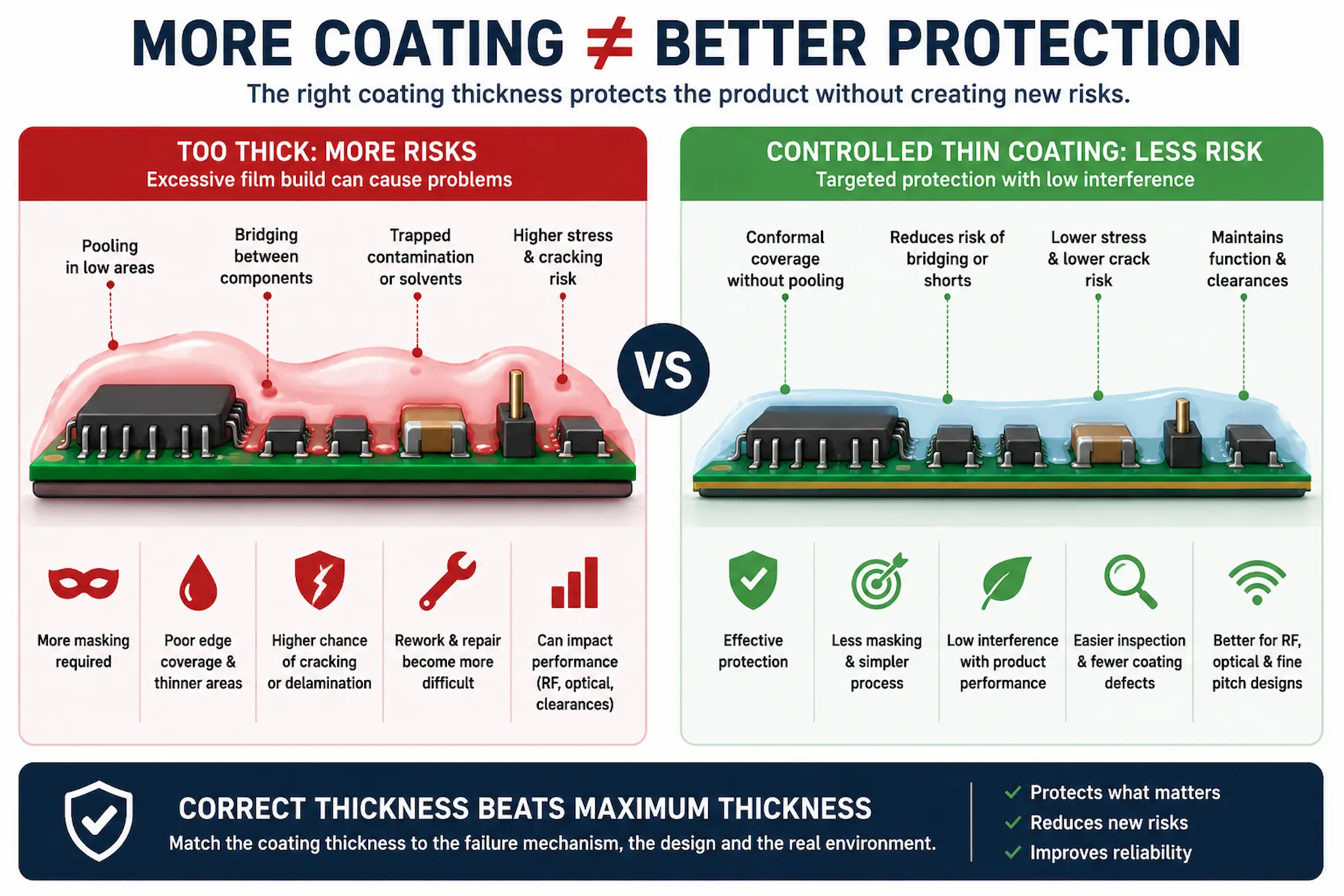 Infographic showing why excessive coating thickness can create risks in electronics protection