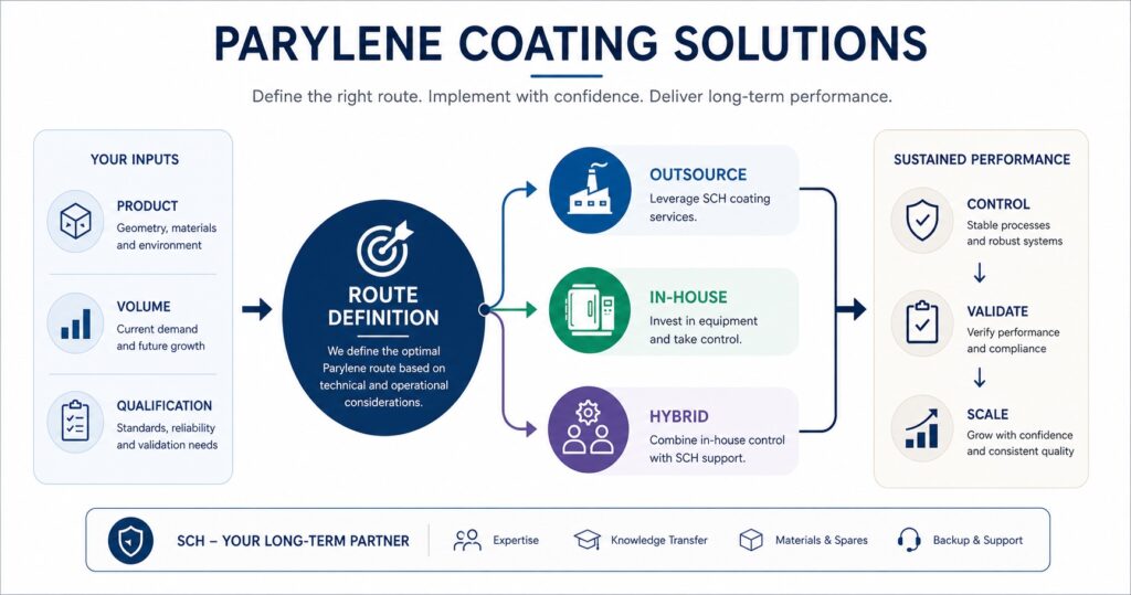 Parylene coating solution pathway showing route definition, outsource, in-house and hybrid coating strategies with control validate scale process