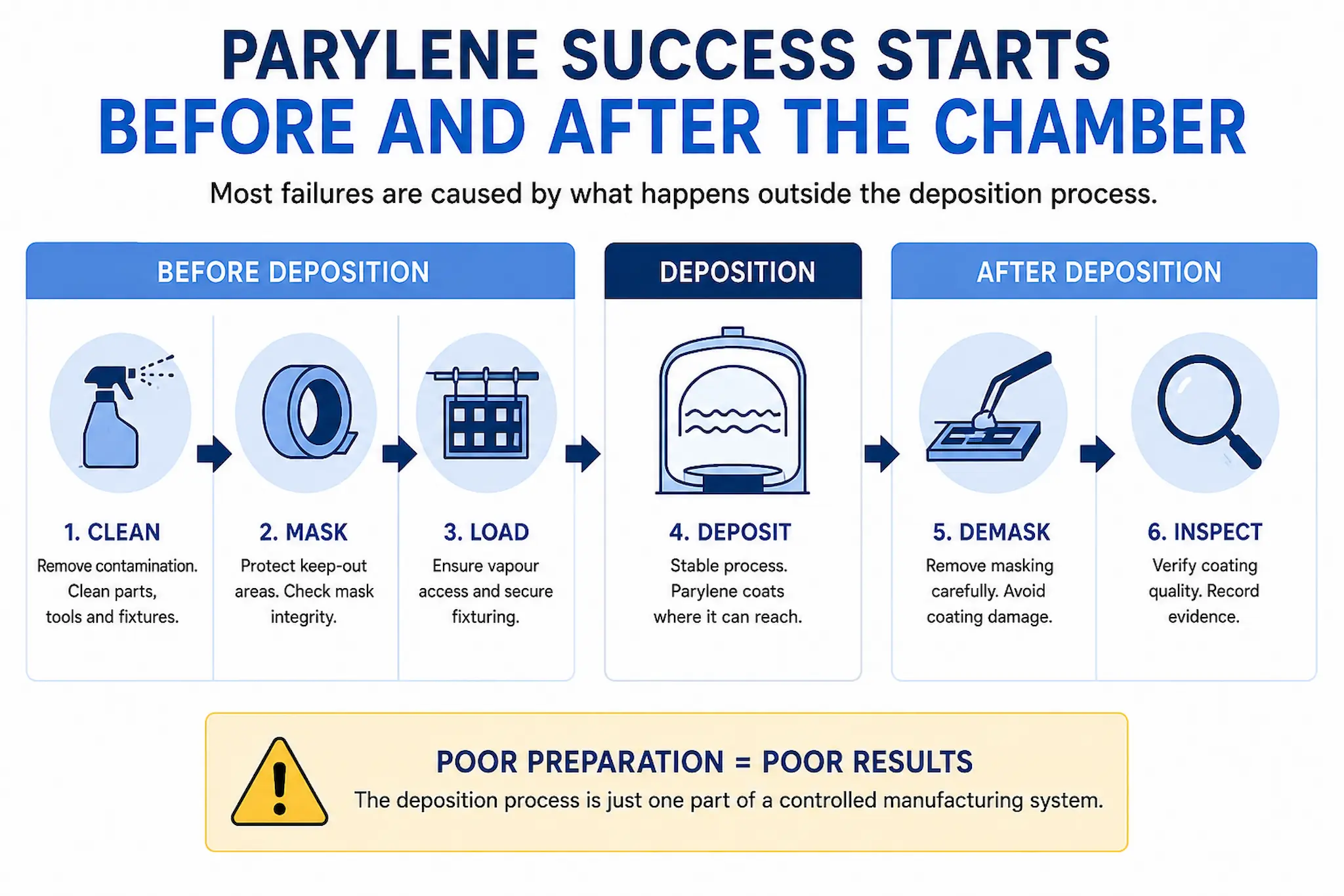 Parylene training infographic showing why successful coating depends on cleaning, masking, loading, deposition, demasking and inspection rather than the deposition chamber alone.