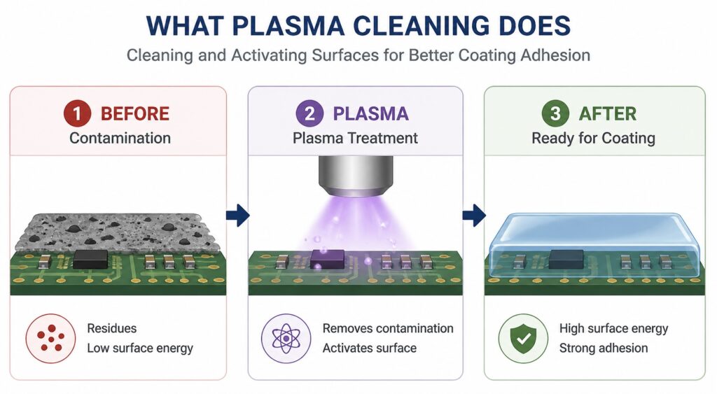Plasma cleaning process showing contamination removal and surface activation before conformal coating