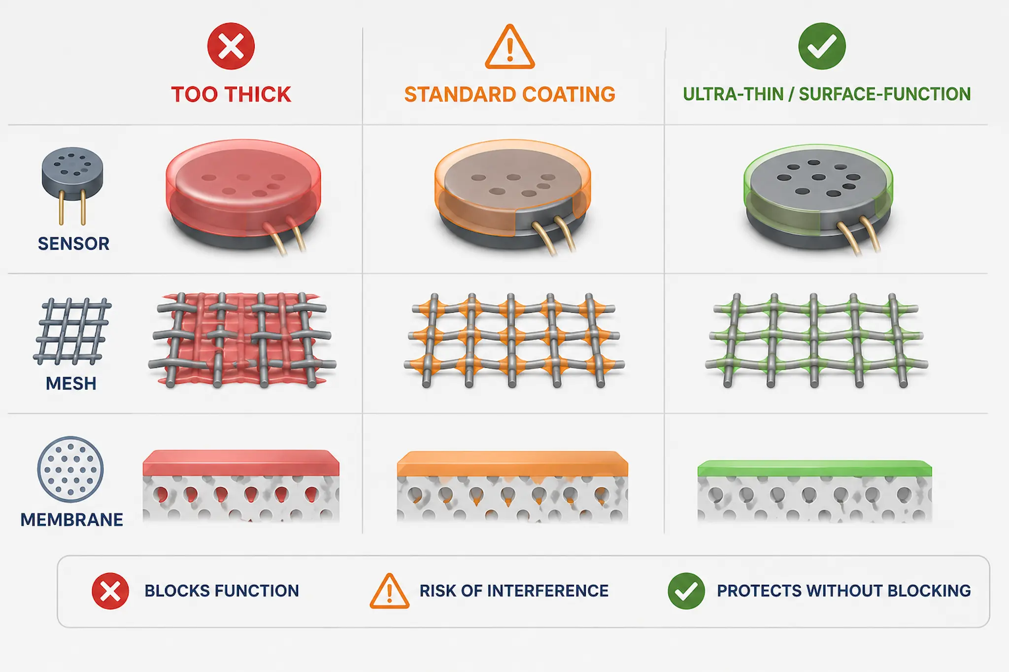 Diagram showing coating thickness effects on sensors meshes and membranes including blocked structures and ultra-thin protection