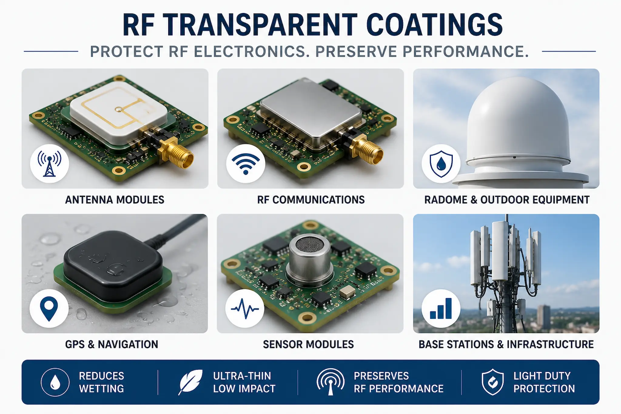 Infographic showing applications for RF transparent coatings on antennas, RF electronics, sensors and outdoor communication equipment