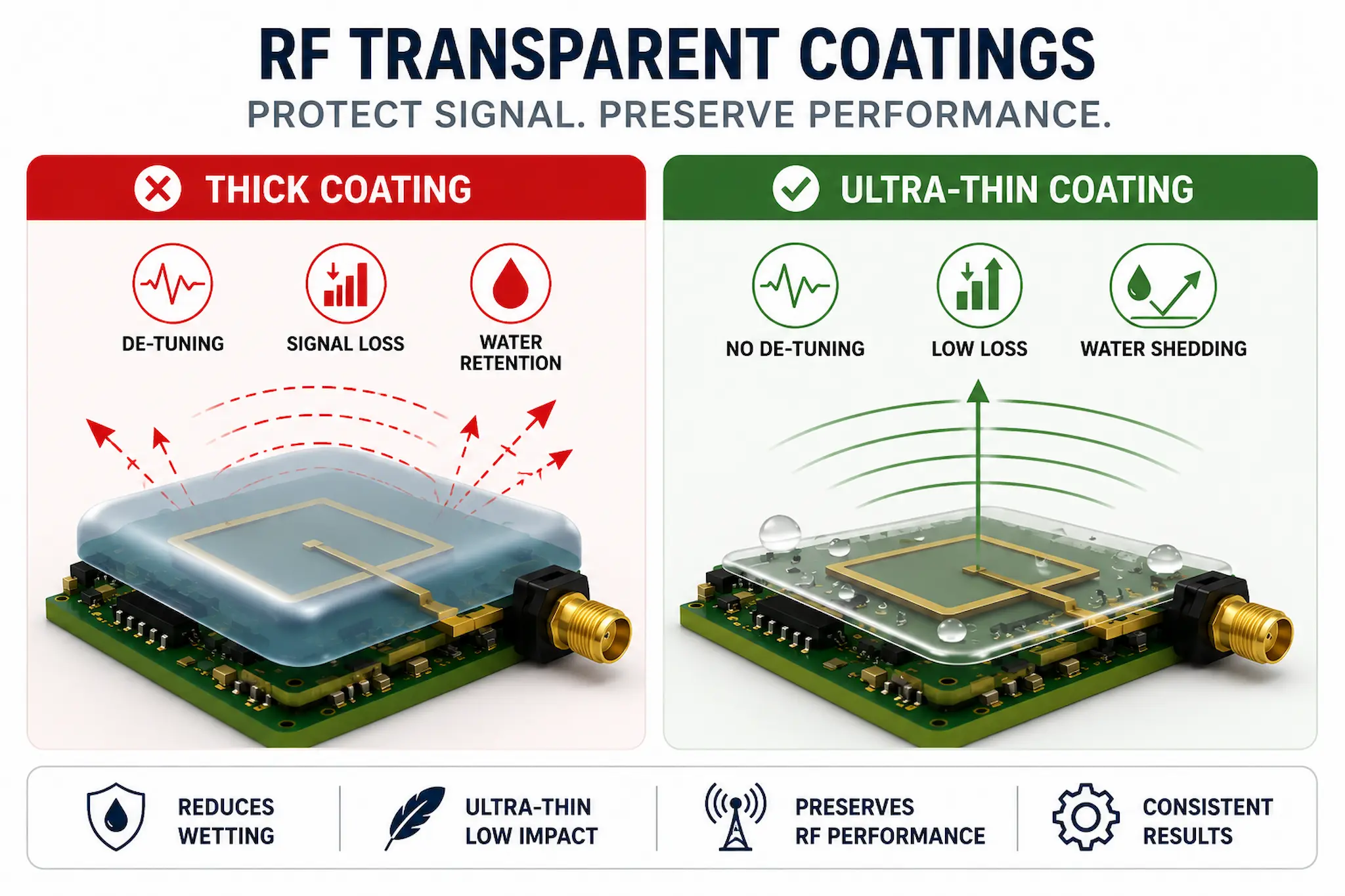 Infographic comparing thick coatings with ultra-thin RF transparent coatings on antenna electronics