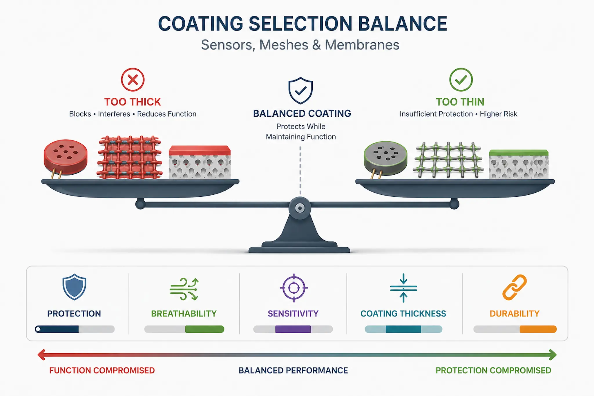 Balancing coating thickness protection and function for sensors meshes and membranes