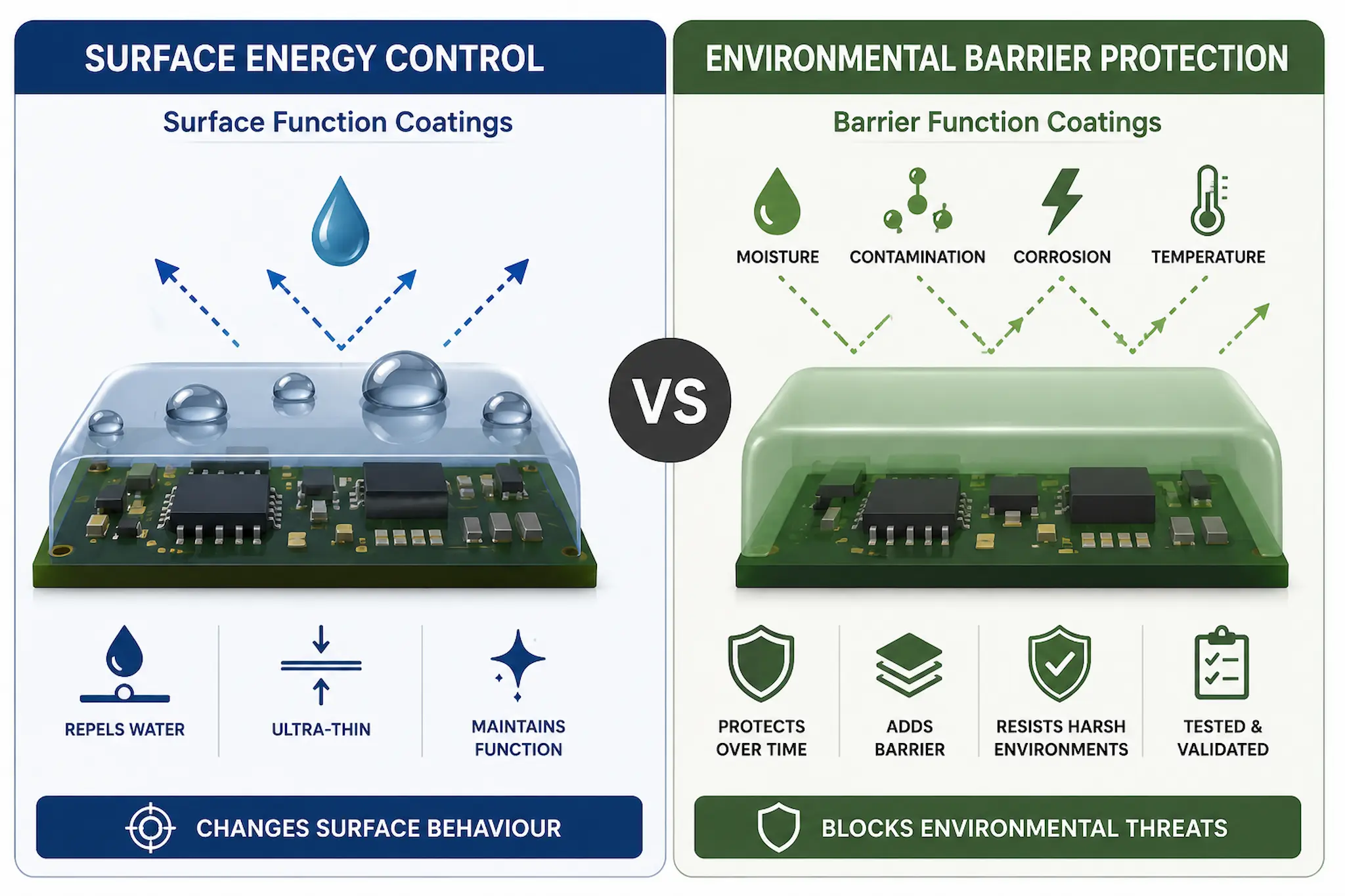 Infographic comparing surface energy control coatings with environmental barrier protection coatings for electronics