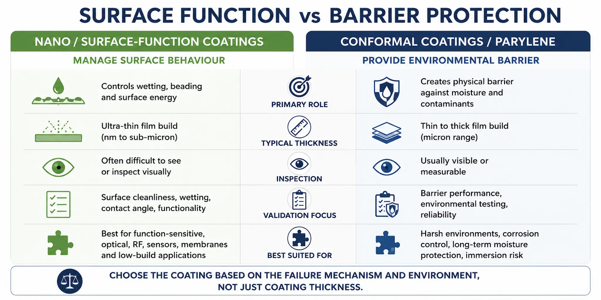 Comparison infographic showing nano surface-function coatings versus conformal coatings and Parylene barrier protection