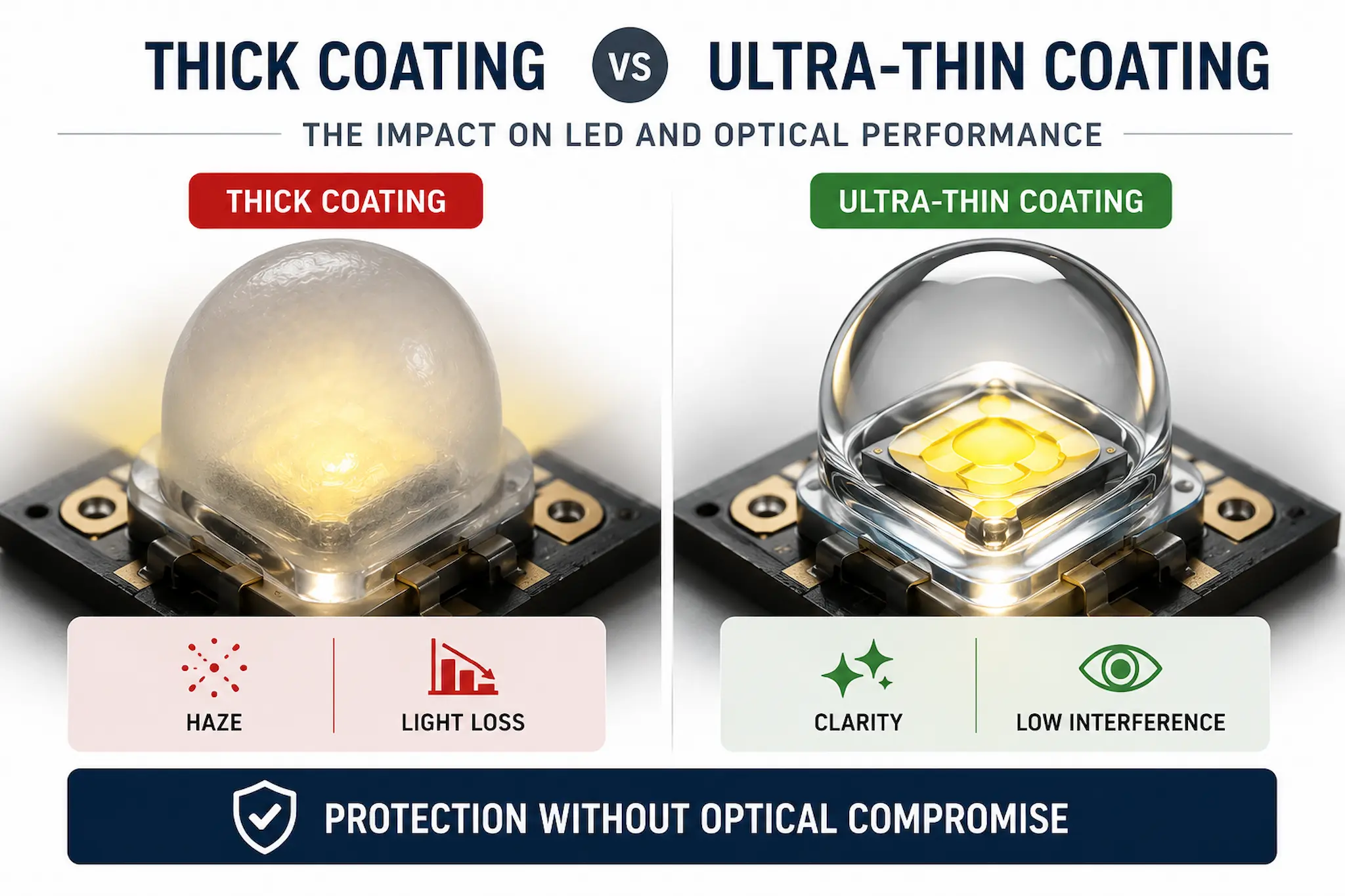 Comparison showing thick coating versus ultra-thin coating impact on LED and optical performance