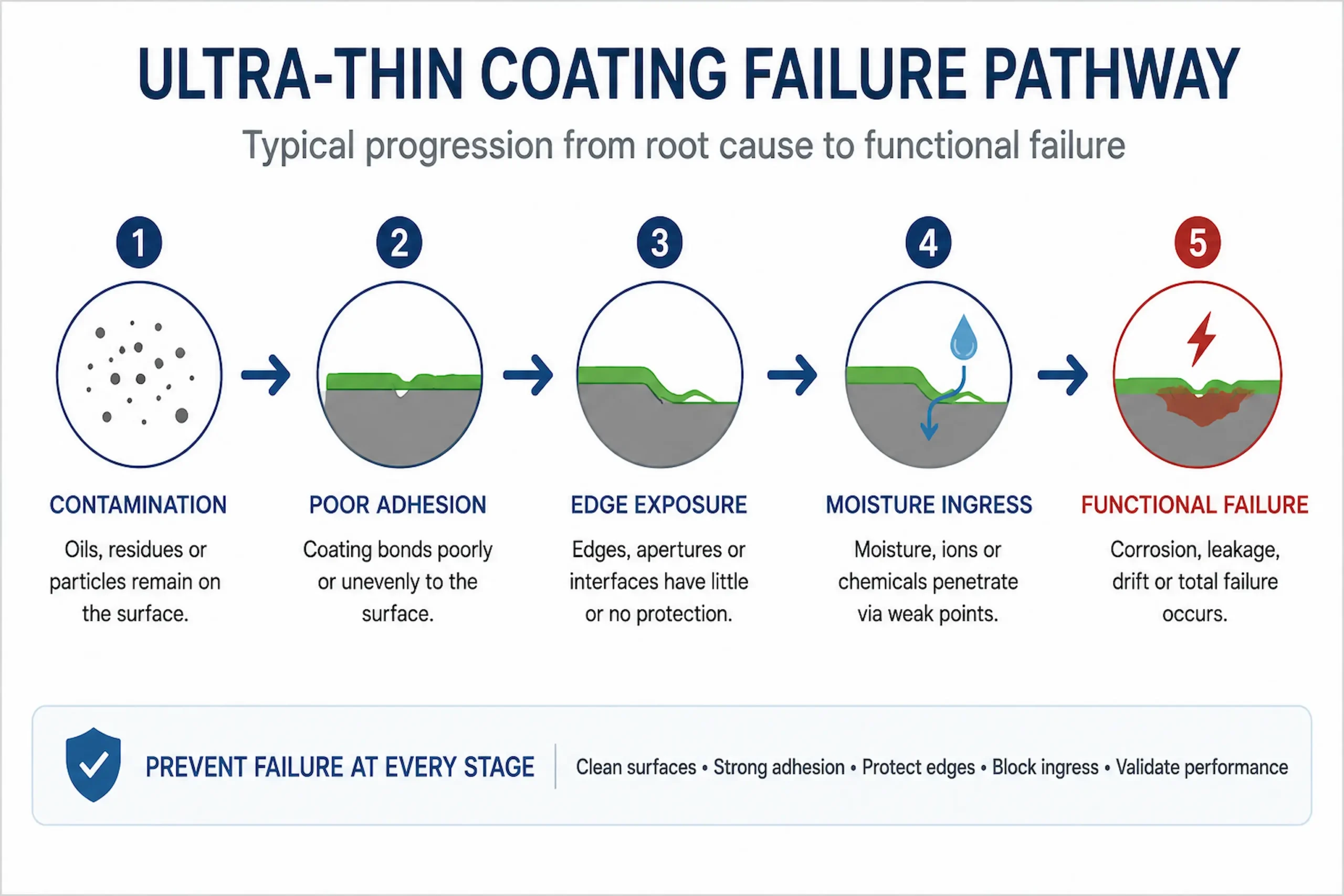 Failure pathway diagram for ultra-thin coatings showing contamination edge exposure and moisture ingress