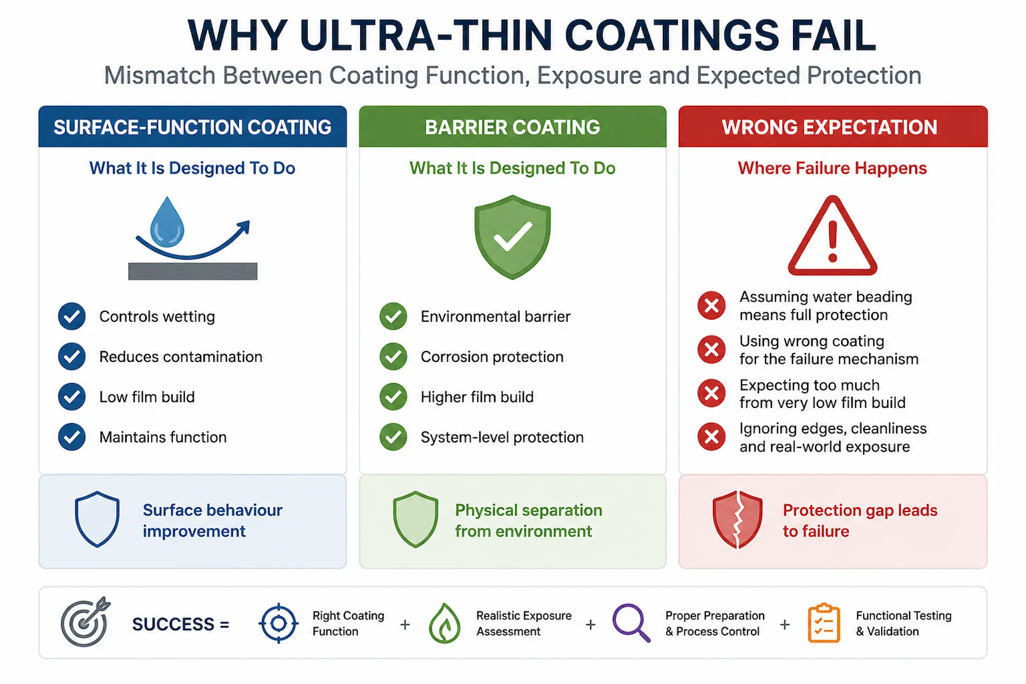 Diagram showing mismatch between ultra-thin coating function and environmental protection expectations
