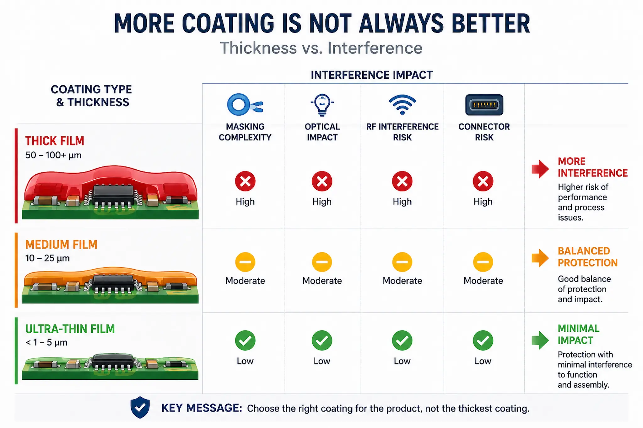 Comparison infographic showing coating thickness versus interference impact in electronics protection