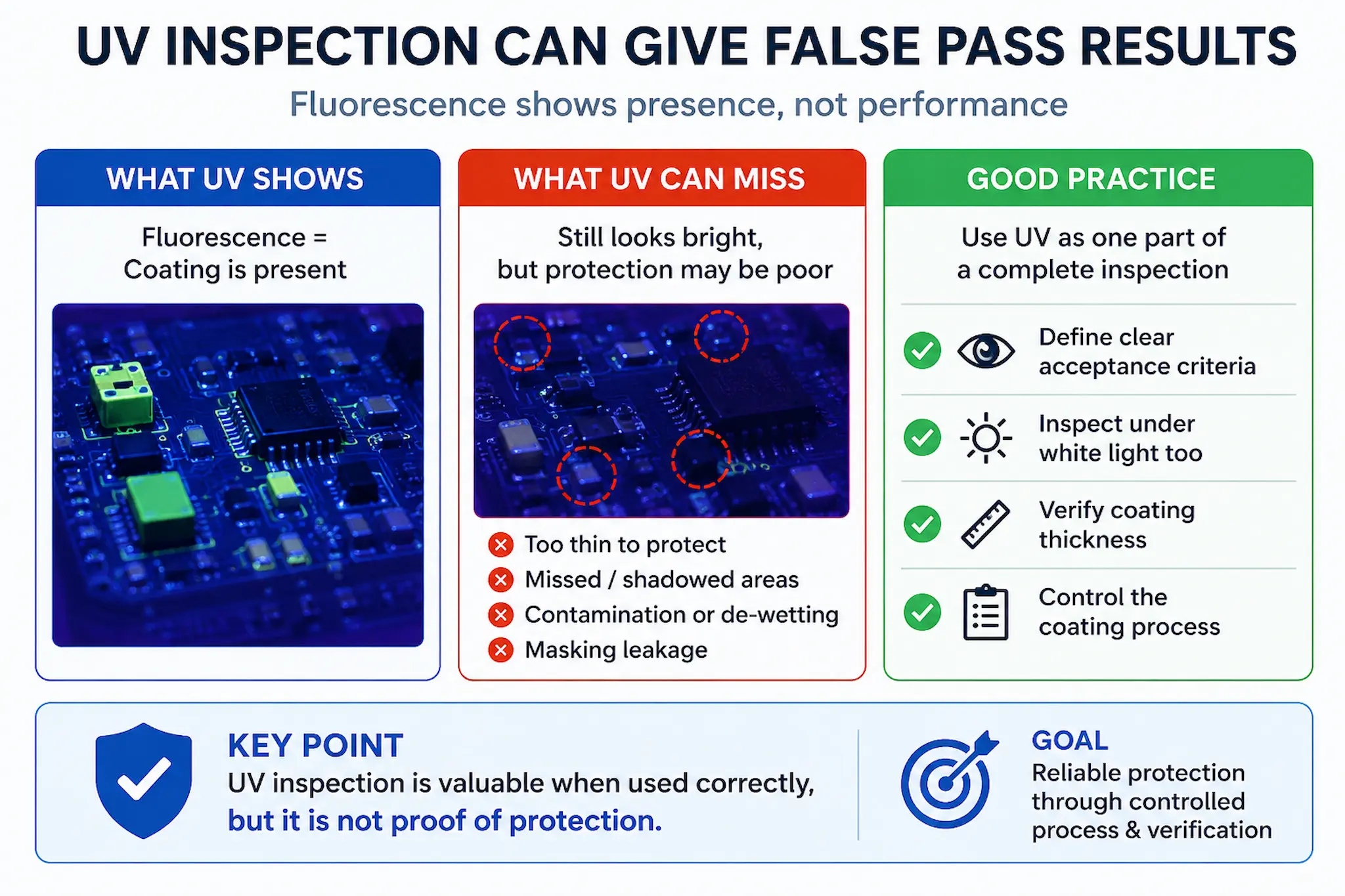 Infographic showing how UV inspection can indicate conformal coating presence while missing thin coating, contamination, shadowing and masking defects.