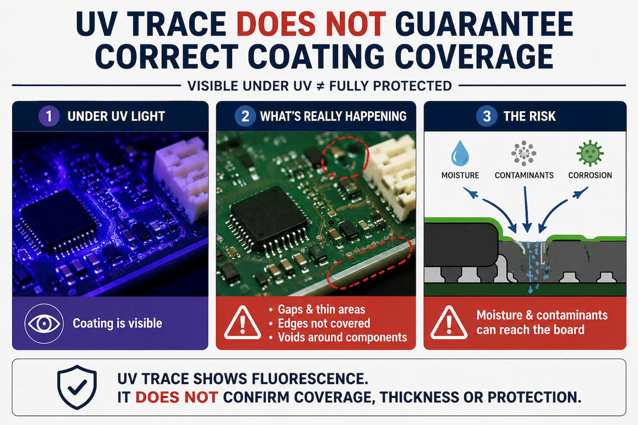 UV inspection showing visible fluorescence but incomplete conformal coating coverage on PCB assemblies