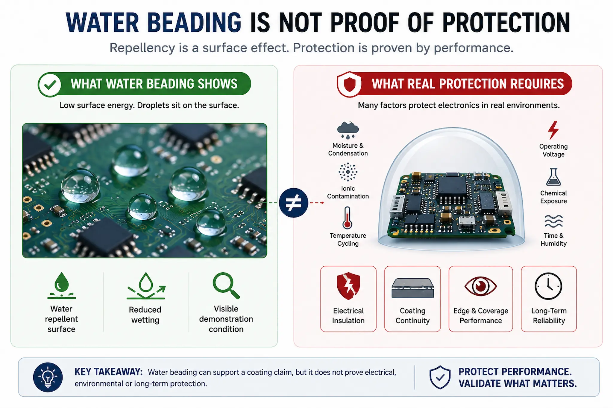 Infographic showing why water beading does not prove electronics protection or long-term coating reliability