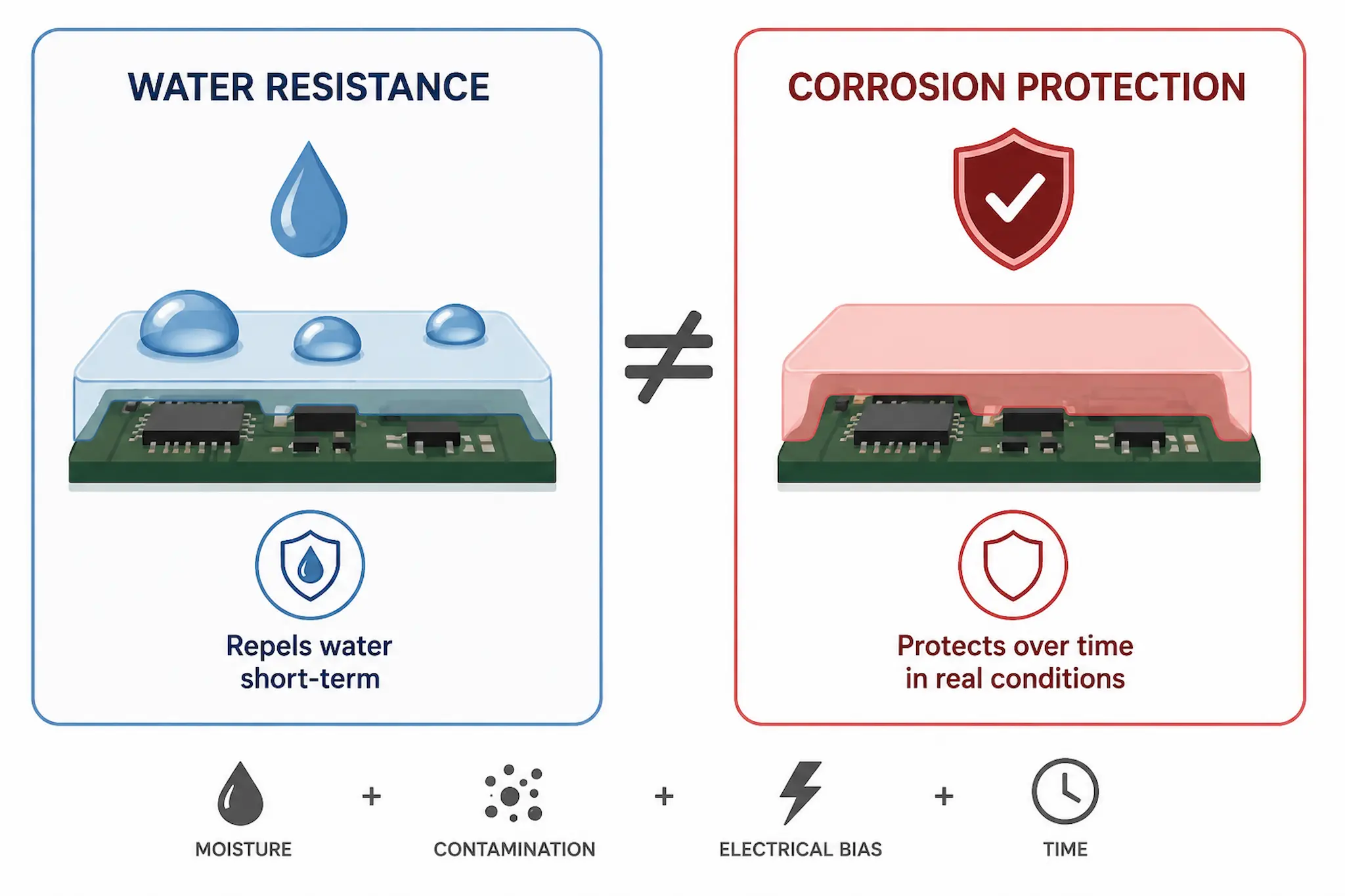 Infographic comparing water resistance and corrosion protection on electronic assemblies