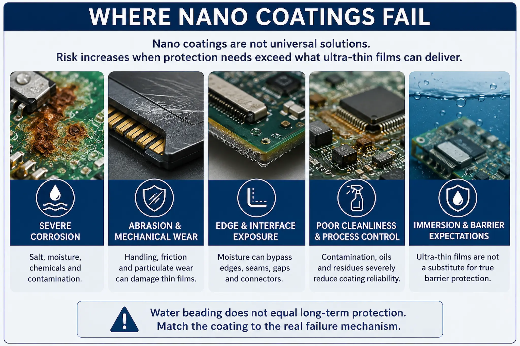 Infographic showing environments and conditions where nano coatings may fail in electronics protection applications