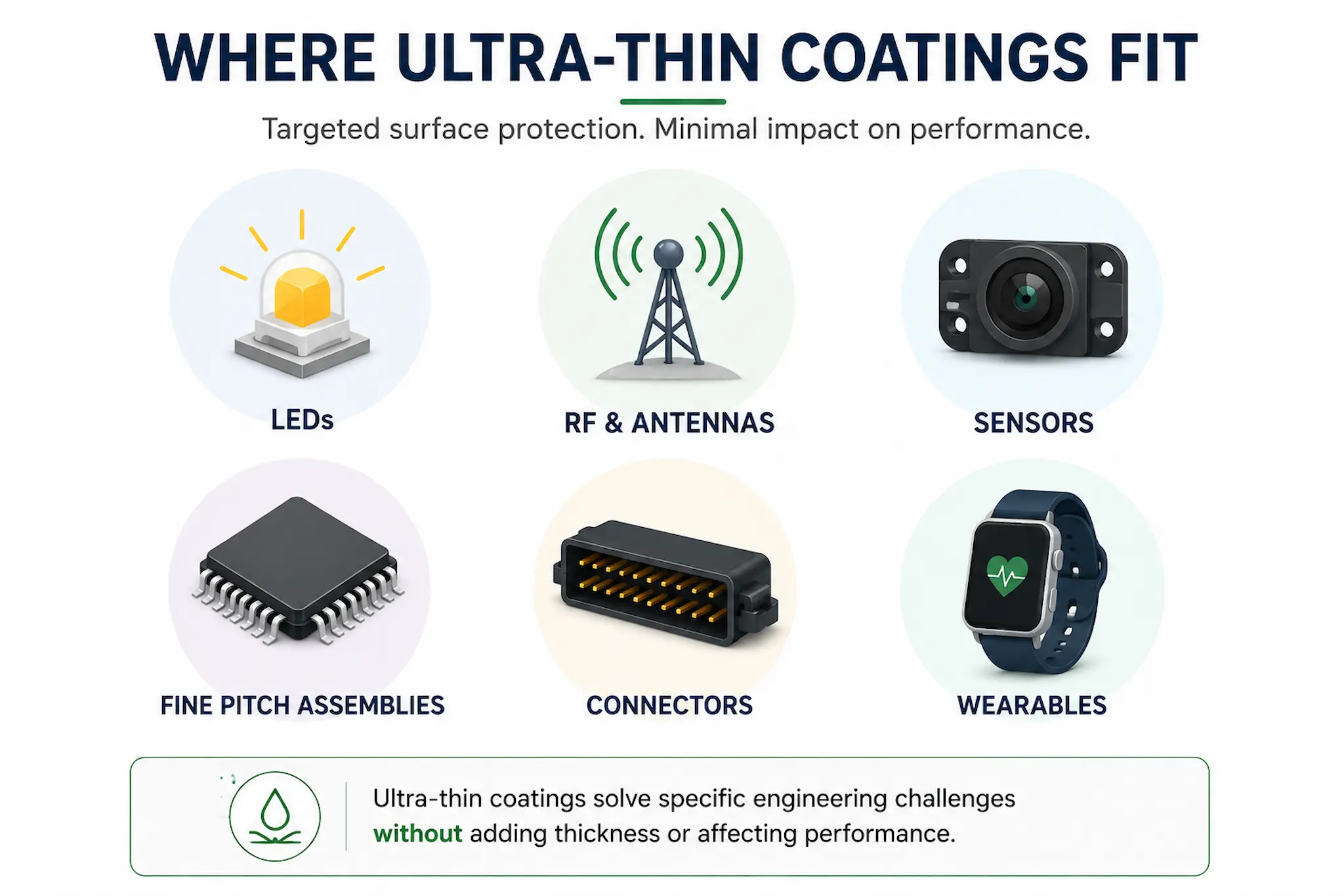 Applications where ultra-thin functional coatings are used in electronics and sensitive assemblies