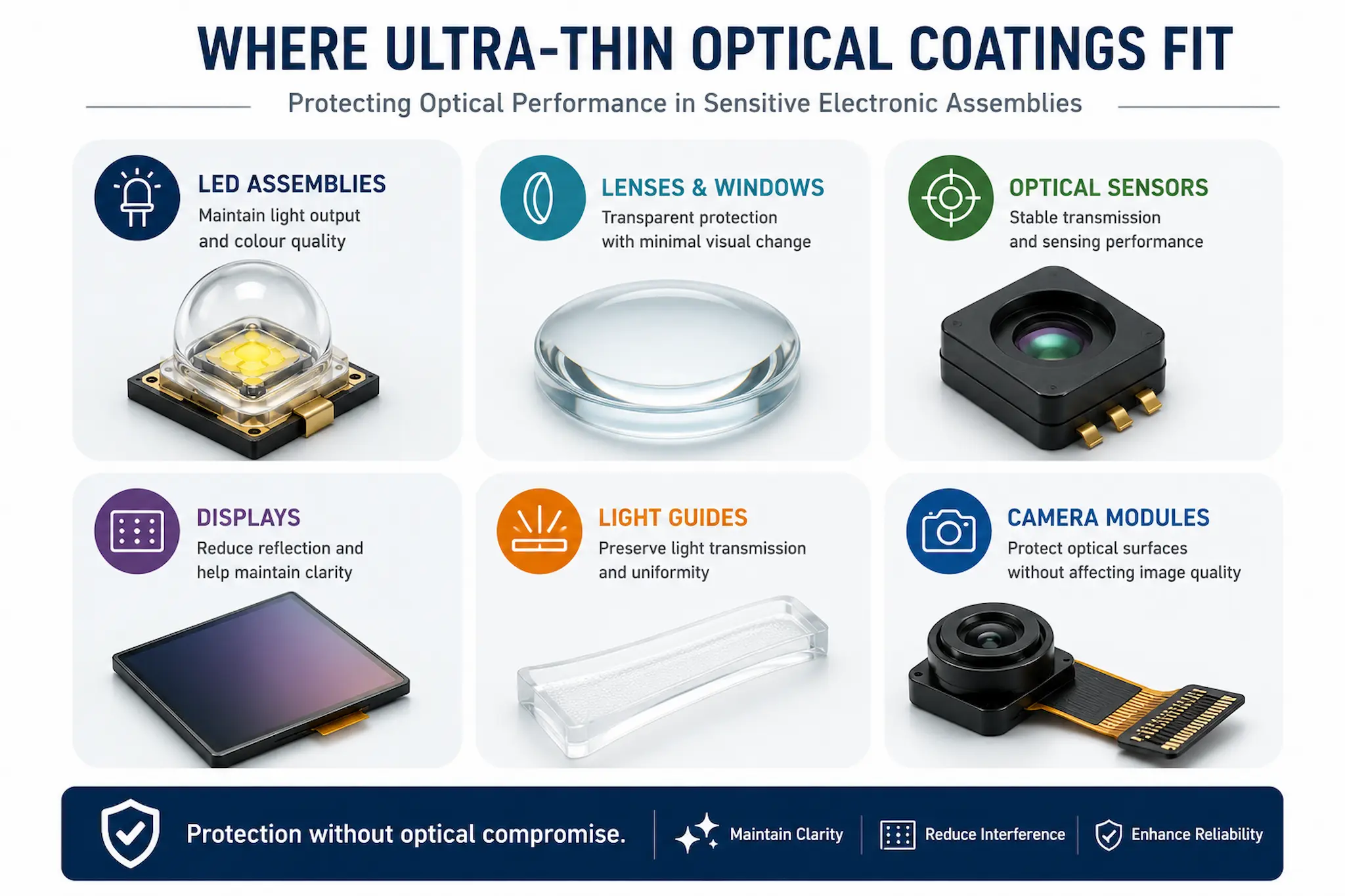 Applications where ultra-thin optical coatings are used in LED and optical electronics assemblies
