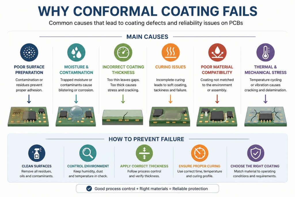 Infographic showing main causes of conformal coating failure on PCBs and how to prevent them