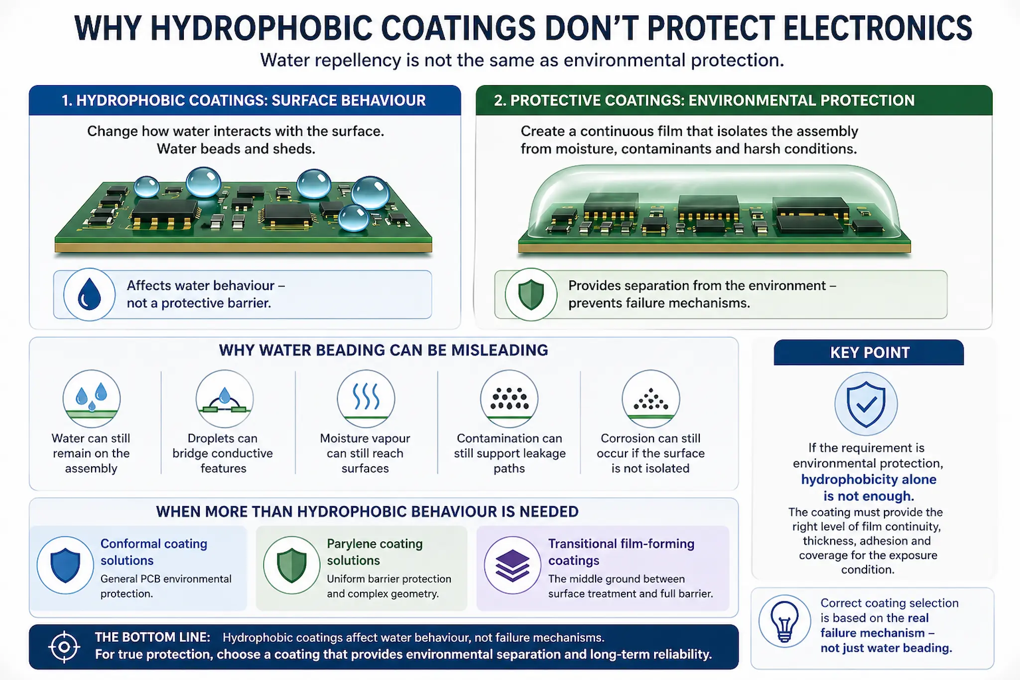 Hydrophobic coatings vs conformal coating on PCB showing why water repellency does not provide environmental protection