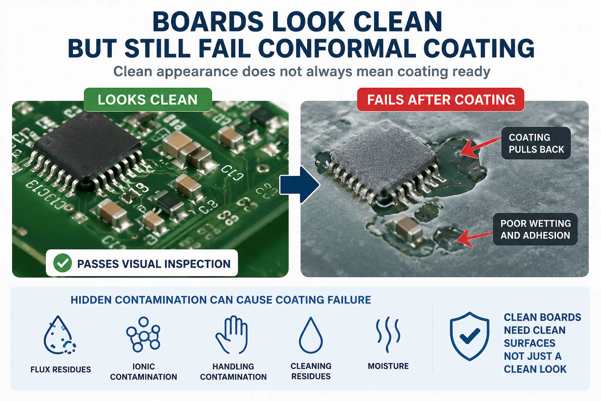 Infographic showing why a PCB can appear clean before conformal coating but still develop coating defects due to hidden contamination, residues and poor surface condition.