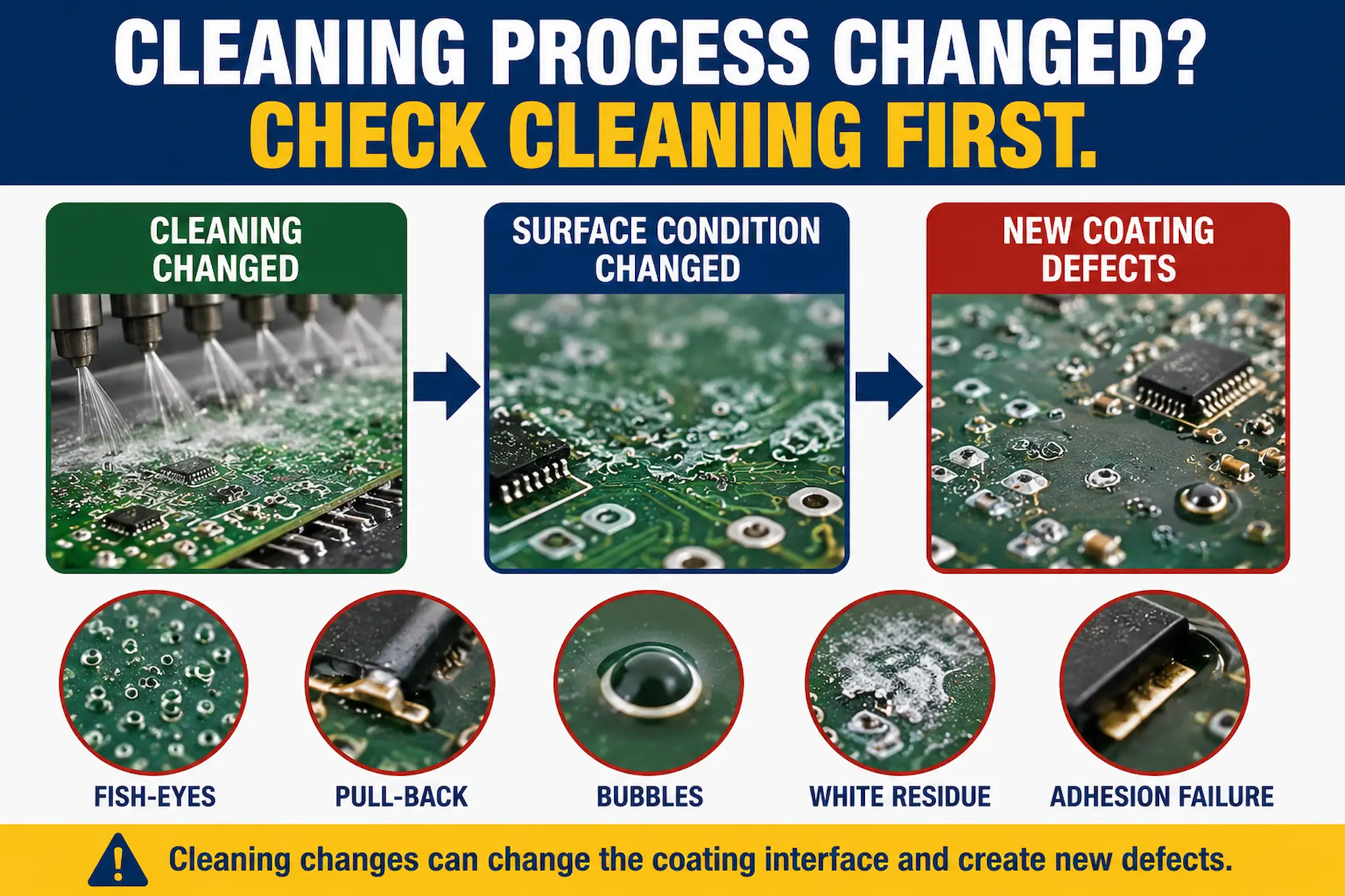 Cleaning process changes causing new conformal coating defects including fish-eyes, pull-back, bubbles, white residue and adhesion failures on PCB assemblies.