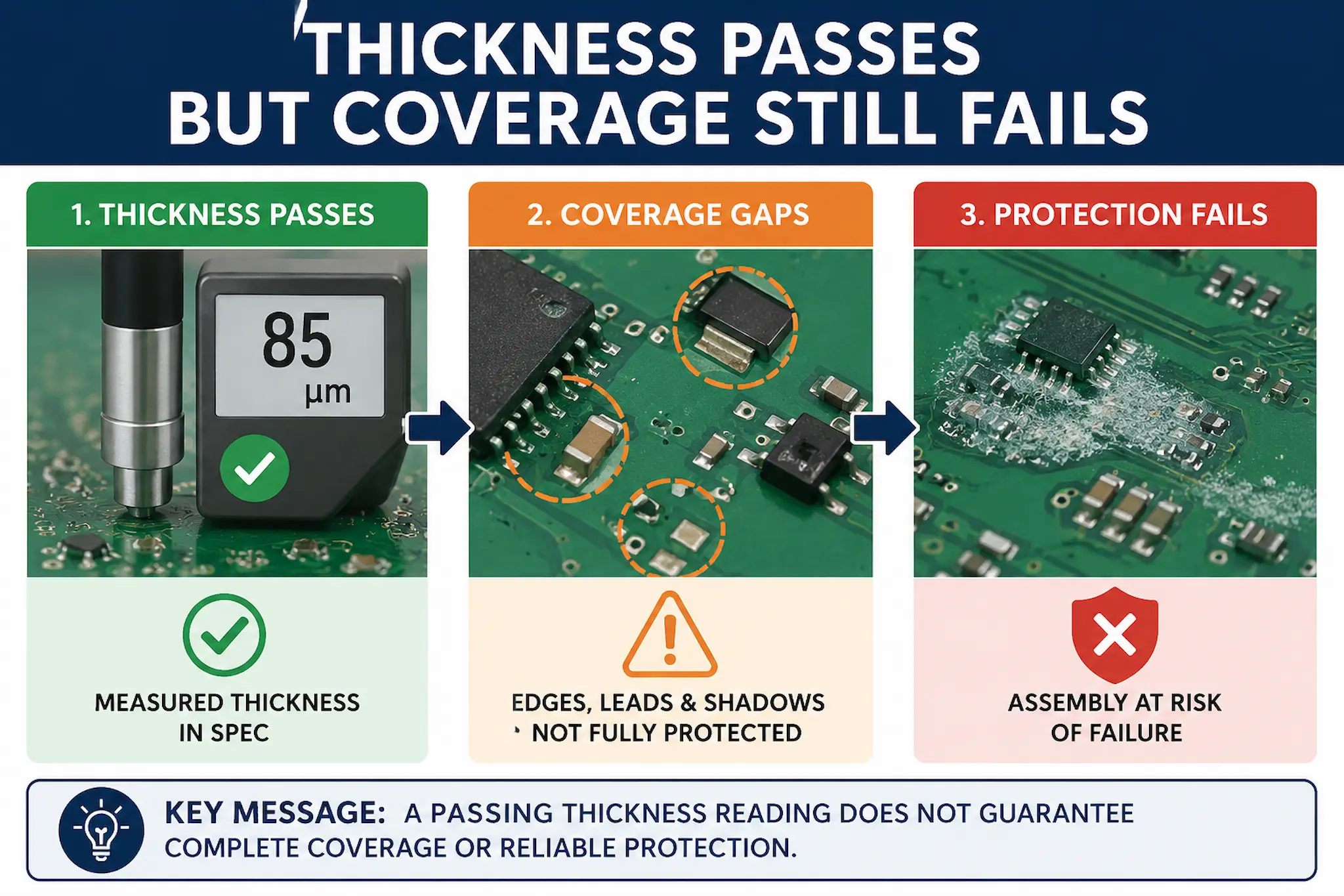 Conformal coating thickness passes inspection but coverage gaps remain on critical PCB areas