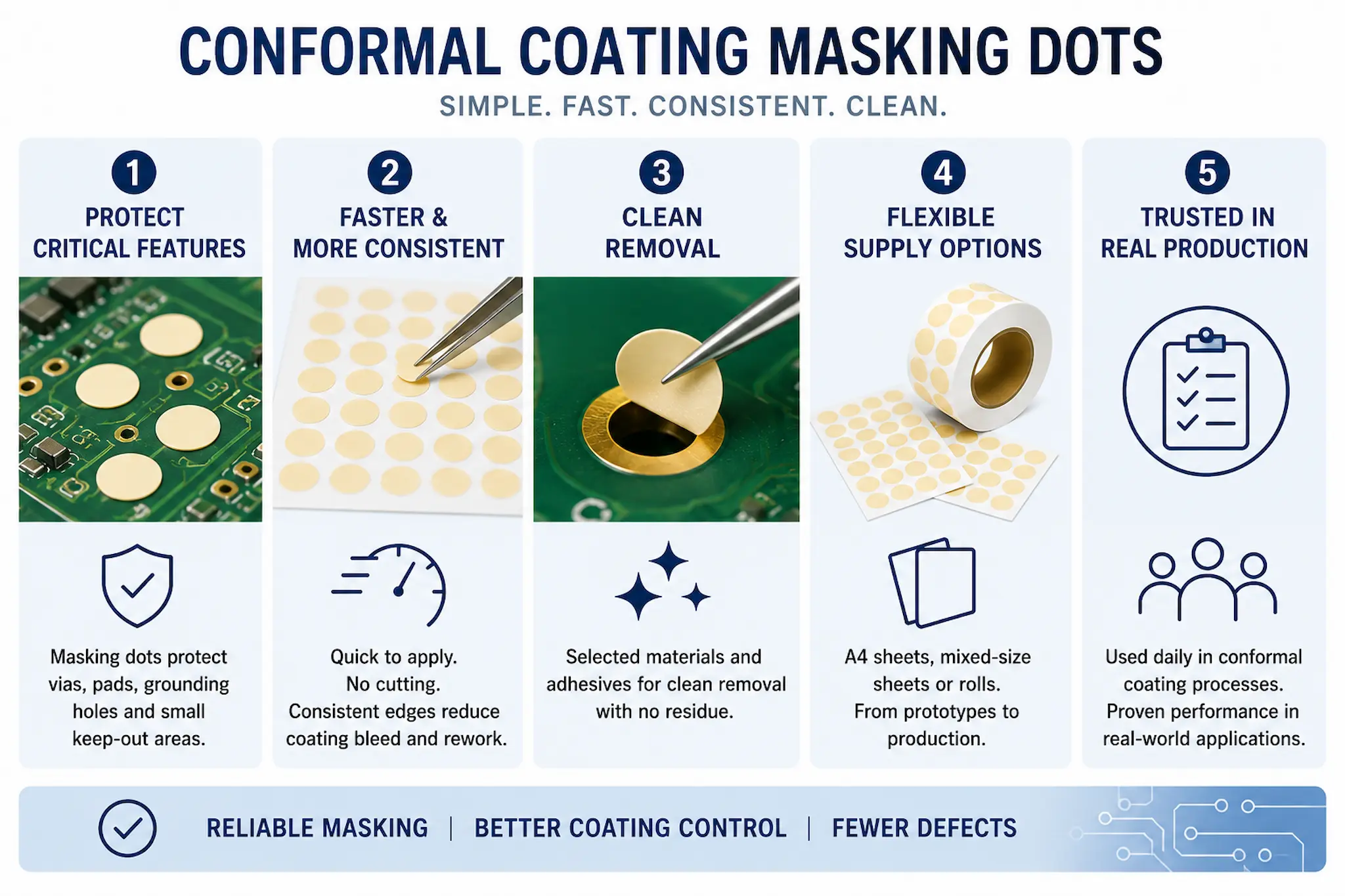 Conformal coating masking dots infographic showing protection of vias and pads, faster application, clean removal, flexible supply options and proven production performance.