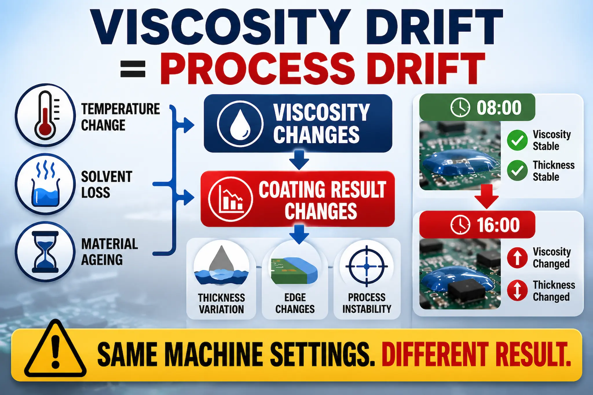 Conformal coating viscosity drift infographic showing how solvent loss, temperature changes and material ageing cause process variation