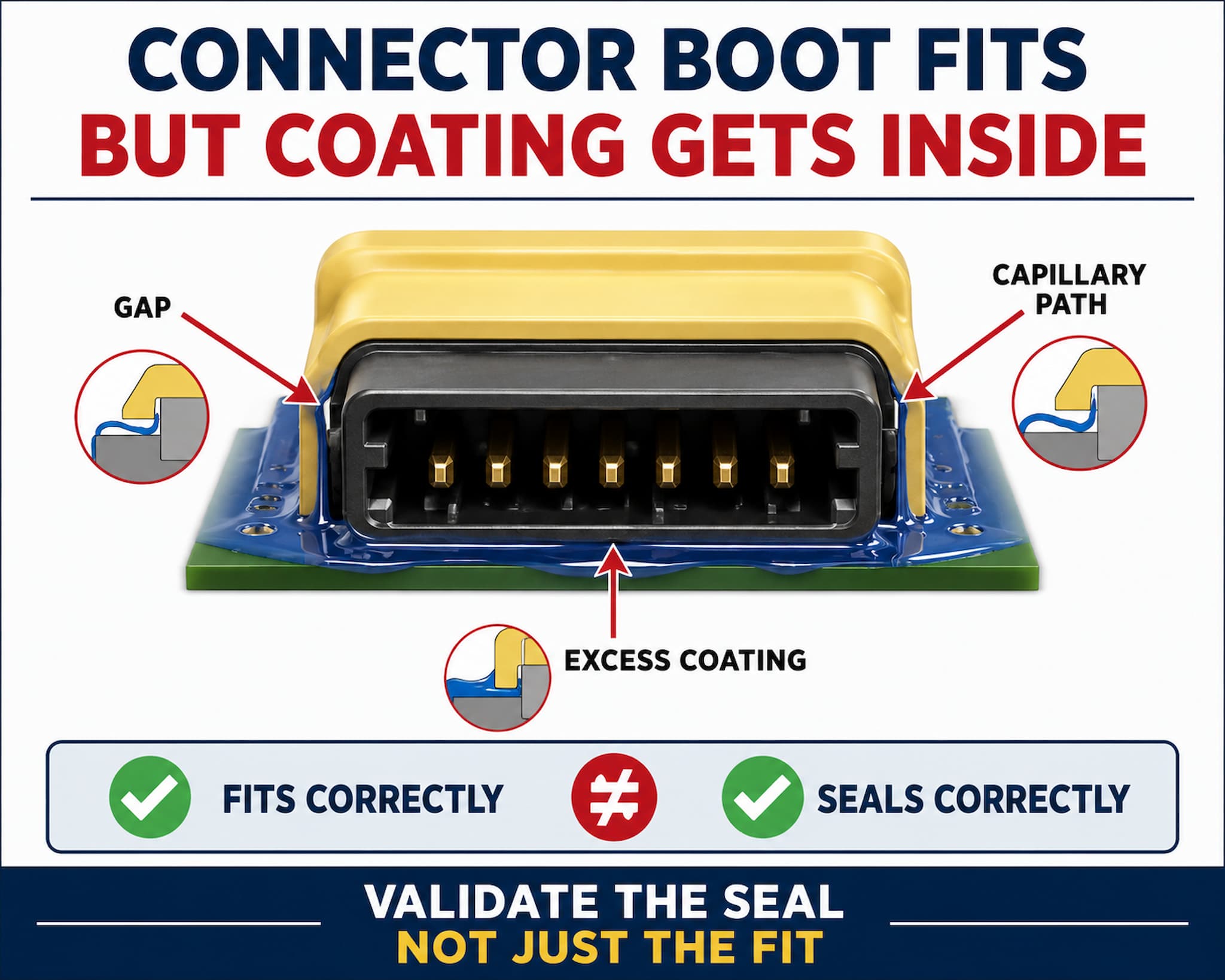 Conformal coating masking boot infographic showing how coating can enter a connector through gaps, capillary paths and excess coating despite the masking boot appearing to fit correctly.