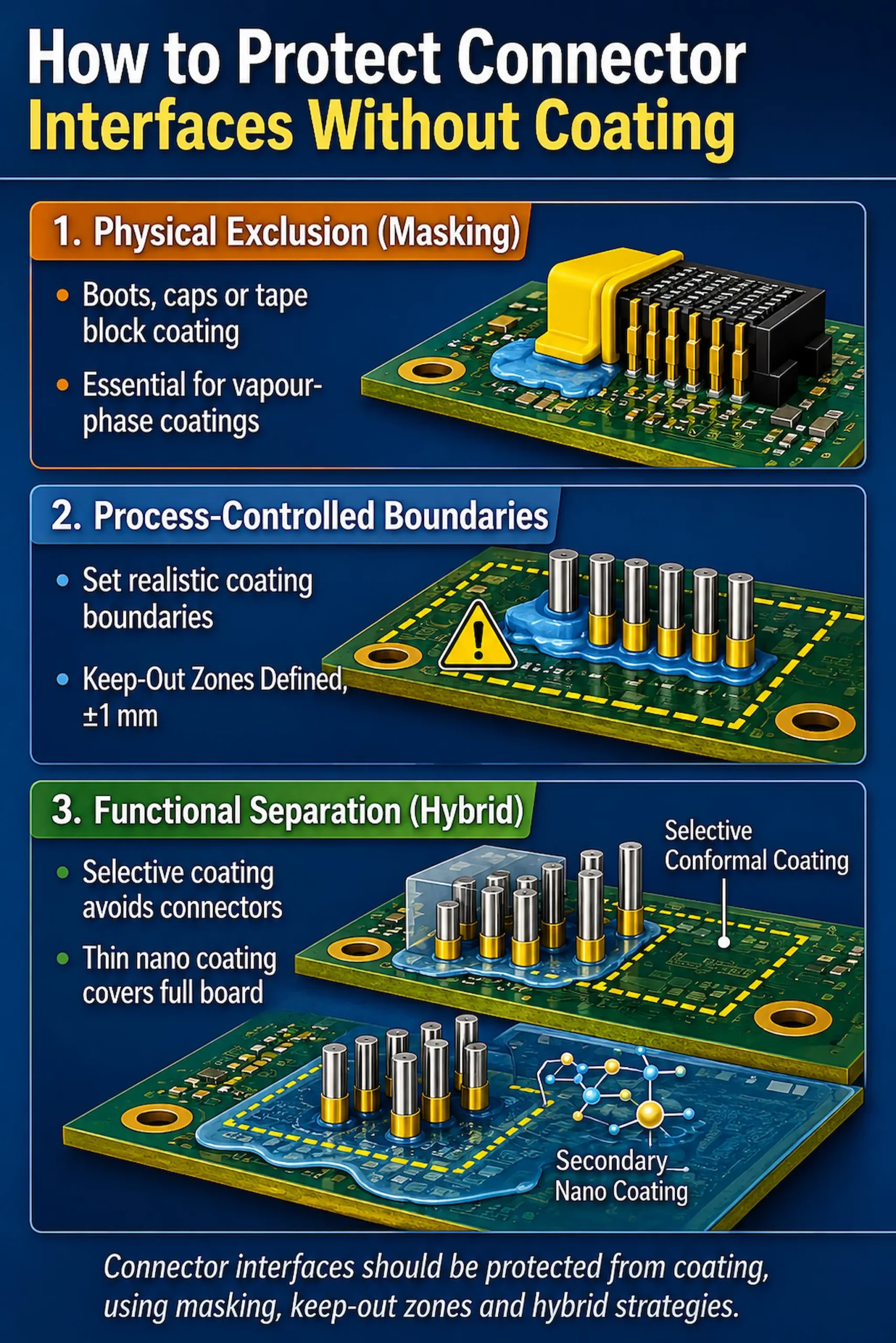Connector interface protection infographic showing masking, keep-out zones and hybrid coating strategies used to prevent conformal coating contamination of electrical contacts.