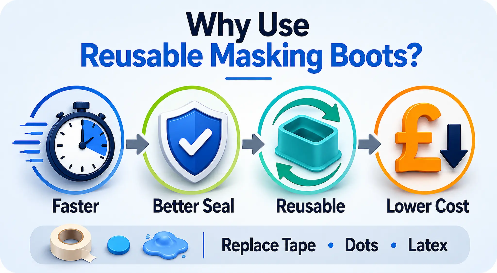 Custom conformal coating masking boots infographic showing faster masking, improved sealing, reusable protection and lower coating process costs compared with tape, dots and latex.