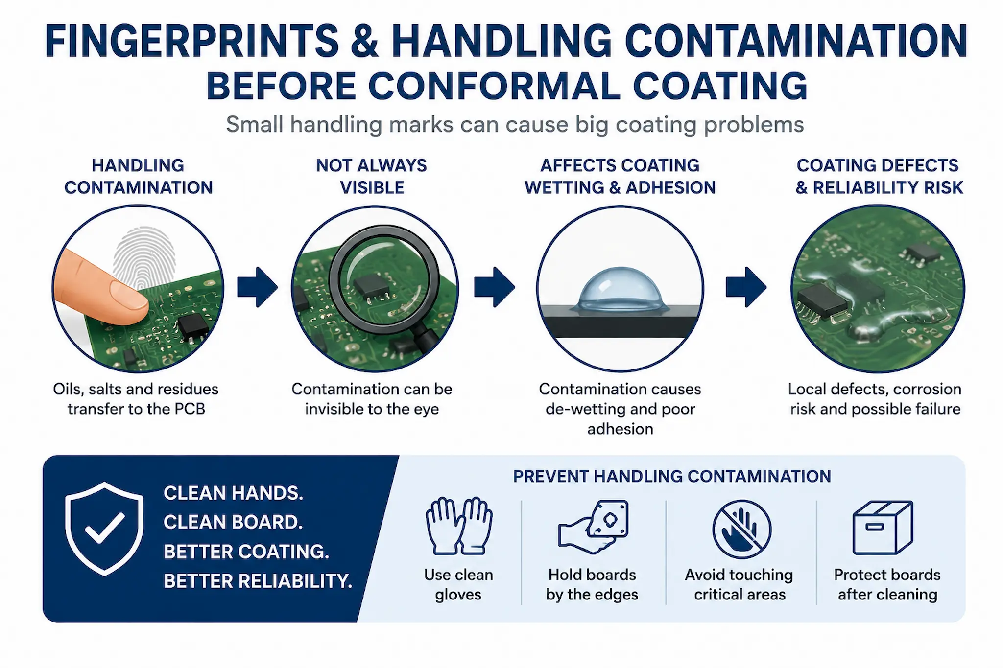 Fingerprints and handling contamination on PCB assemblies can cause conformal coating de-wetting, adhesion problems and reliability failures.